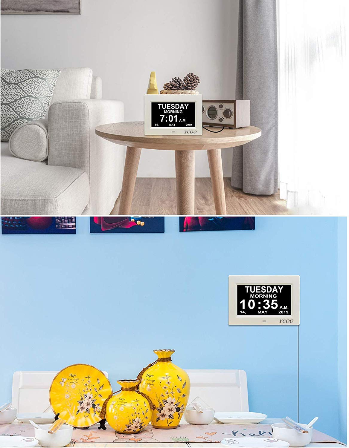 YCOO [Nuova versione] Orologio digitale con calendario con display digitale da 7 pollici, 12 allarmi per persone che vivono con demenza, perdita di memoria e Alzheimer (7 pollici bianco)
