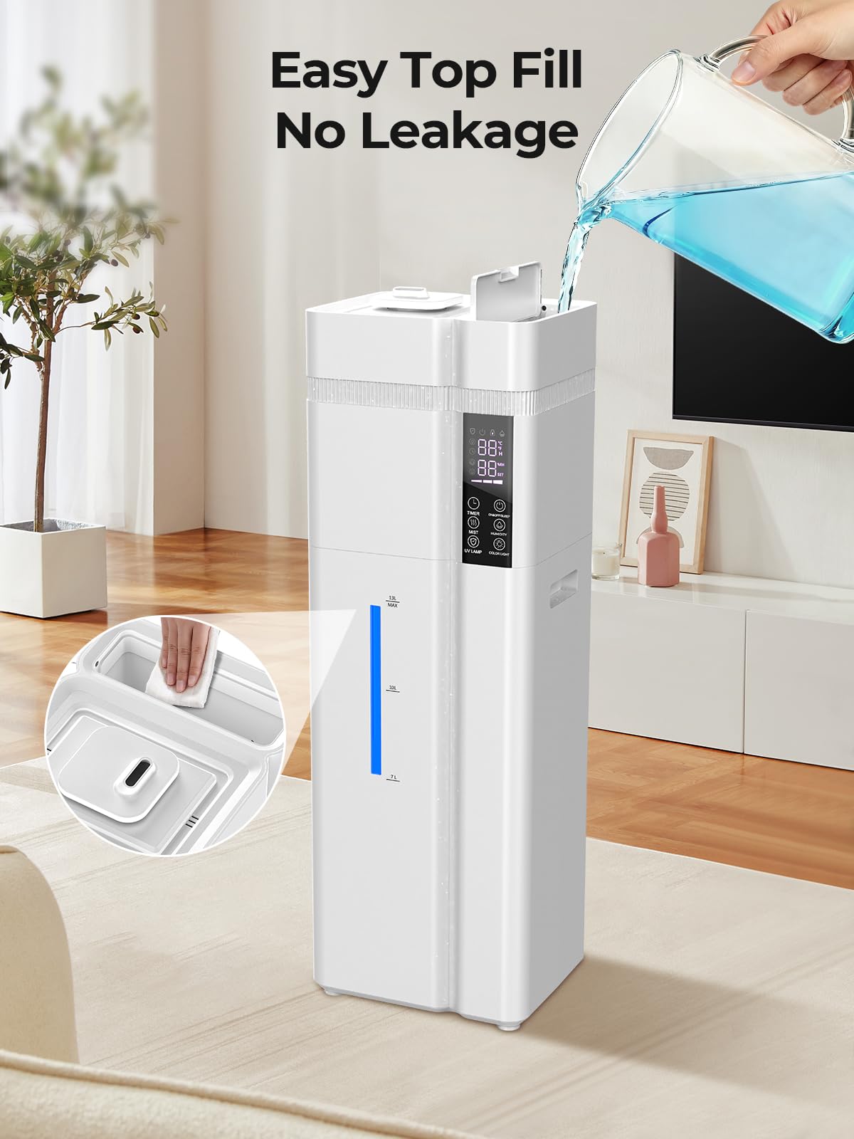 Humidificador de 13 L/3.43 galones para habitación grande, cobertura de 800 pies cuadrados, tiempo de funcionamiento de 100 horas, control automático de humedad, llenado superior, humidificadores para