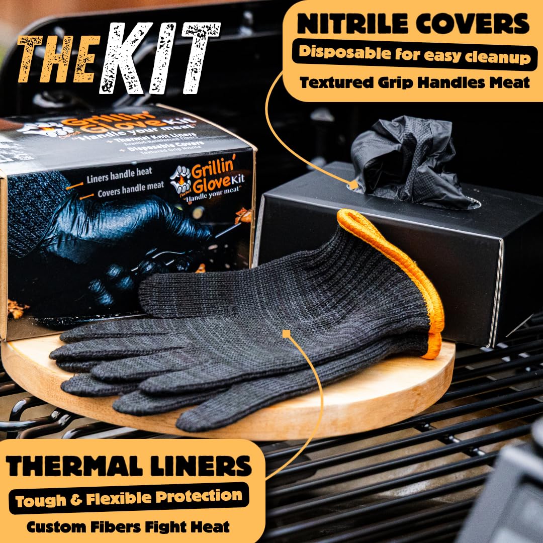 Kit de guantes para asar – Guantes desechables de nitrilo negro de 100 ct – 2 pares de forros gruesos resistentes al calor reutilizables – Guantes de horno reemplazables para cocinar