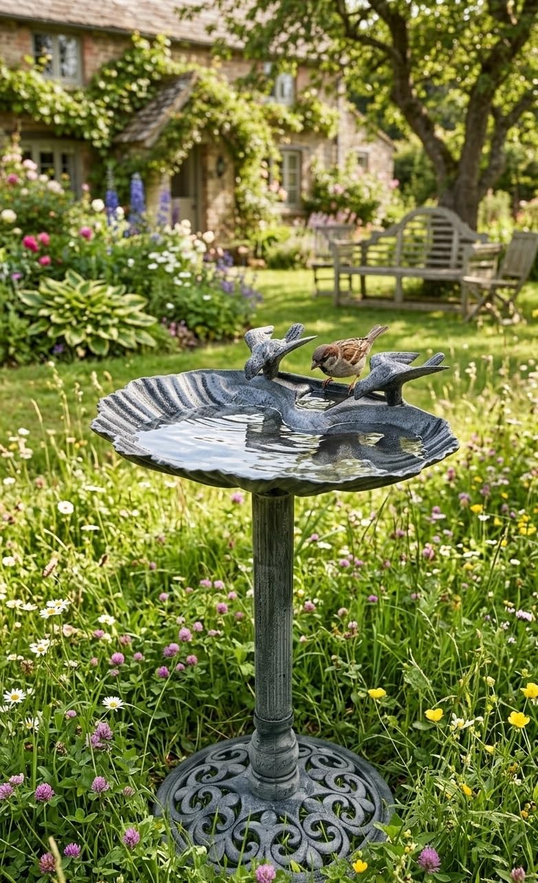 Bambelaa! Vogeltränke mit Standfuß Winterfest Vogelbad Stehend Groß Garten Terrasse Balkon Wassertränke für Vögel Zubehör Futterschale Rund Vogelbecken für Wildvögel aus Kunststoff ca. 39 x 34 x 66 cm