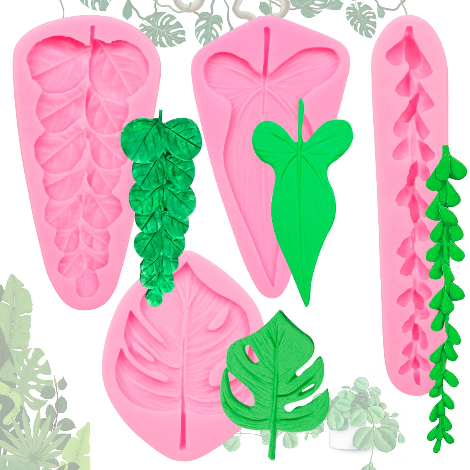 Tropical Leaf Silicone Molds, Succulents Trailing Leaves Chocolate Molds, Hawaii Theme Fondant Baking for Cake Decoration Cupcake Topper Candy Sugar Craft Gum Paste Clay Resin (LC74)