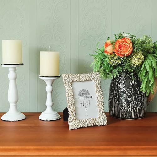 Miniatura 3 de NIKKY HOME - Marco de fotos estilo rústico bohemio con flores, marco de fotos de resina rústica de 10 x 15 cm con acabado blanco envejecido, vidrio