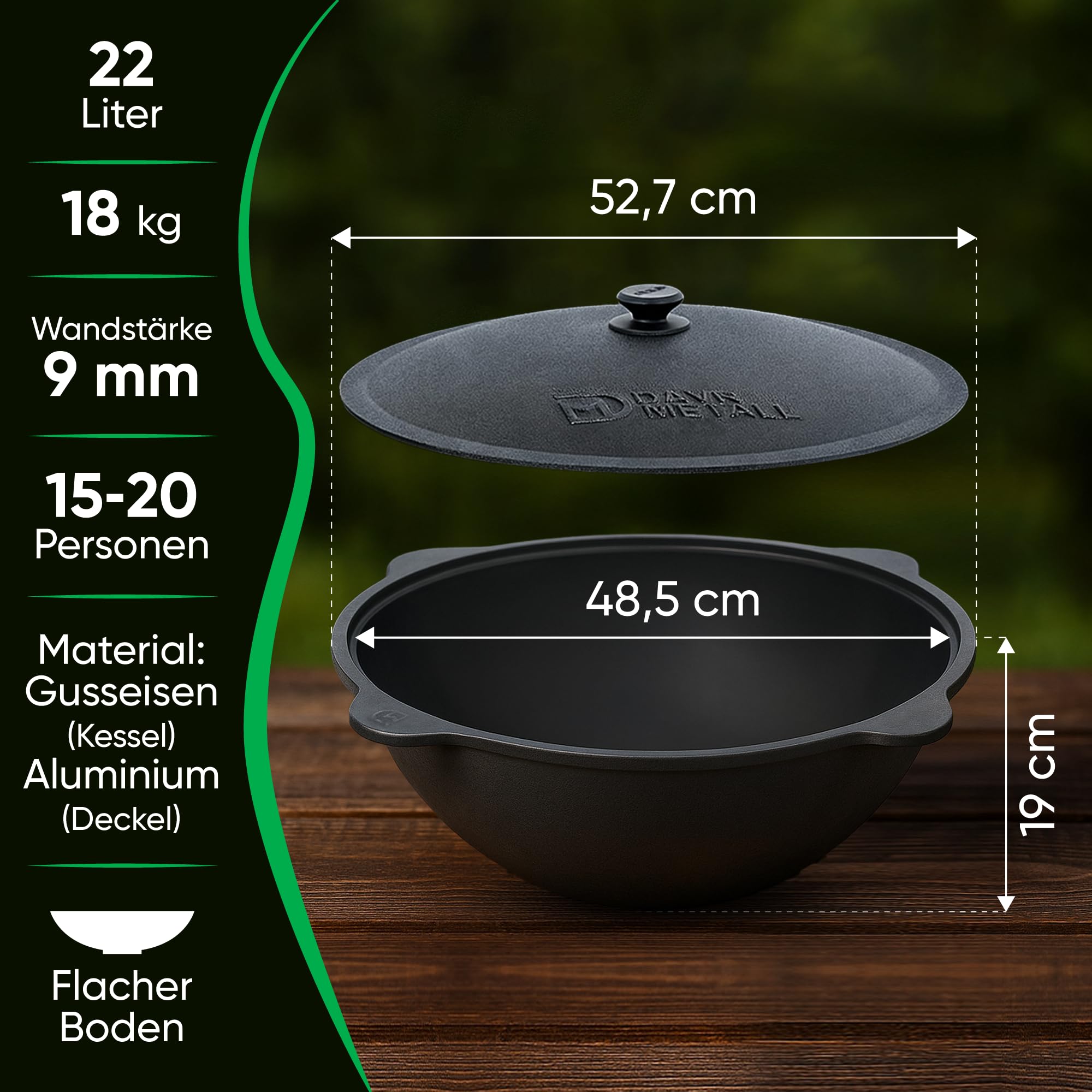 Utschak Feuerofen Ø 49 cm & Gusseisen-Kasan 22 L | Kazan-Set mit Deckel | Usbekischer Kochtopf für Grill & Plov | Flacher oder Runder Boden Wählbar