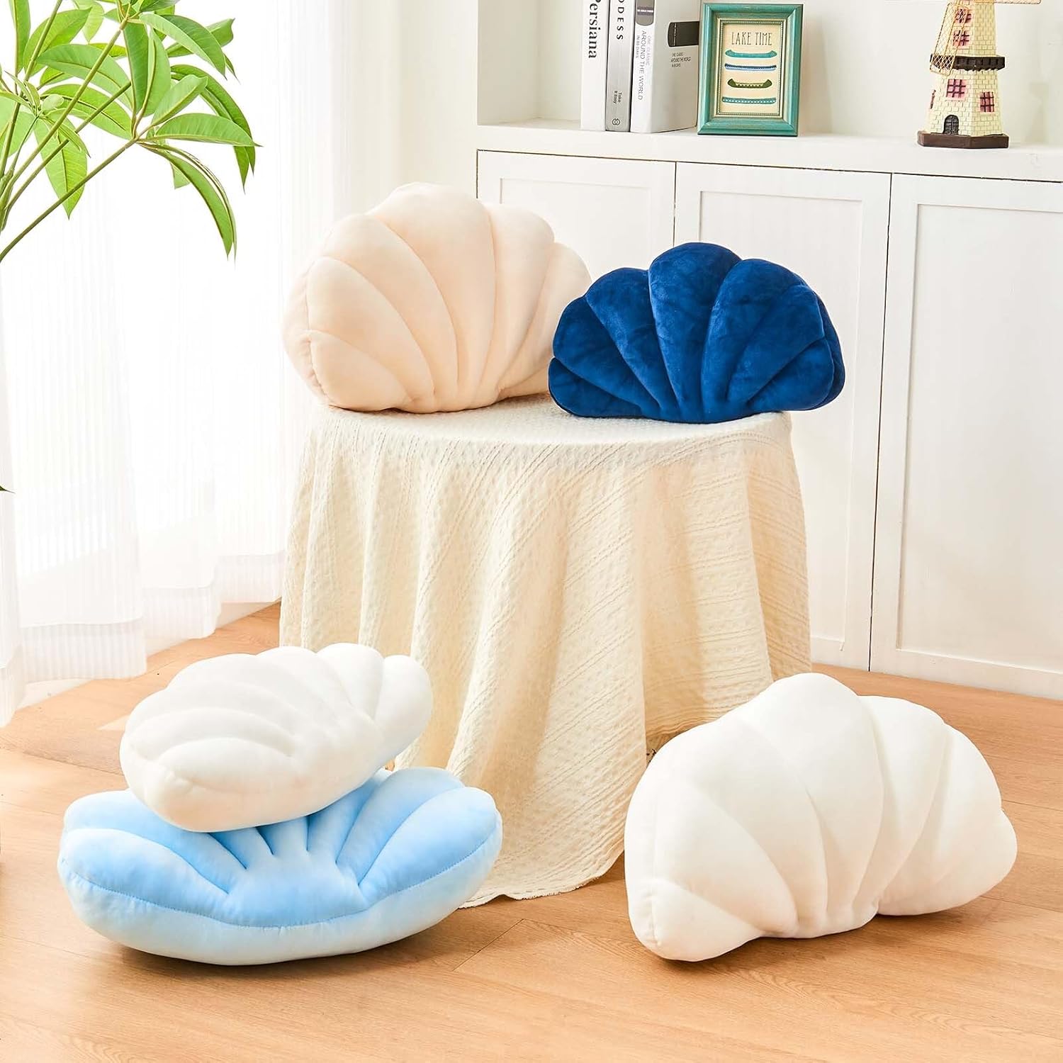 Uvvyui Blue Velvet Sea Shell Shaped Throw Pillow, 18x13 Inch, Soft PP Cotton Fill, Modern Beach Room Decor