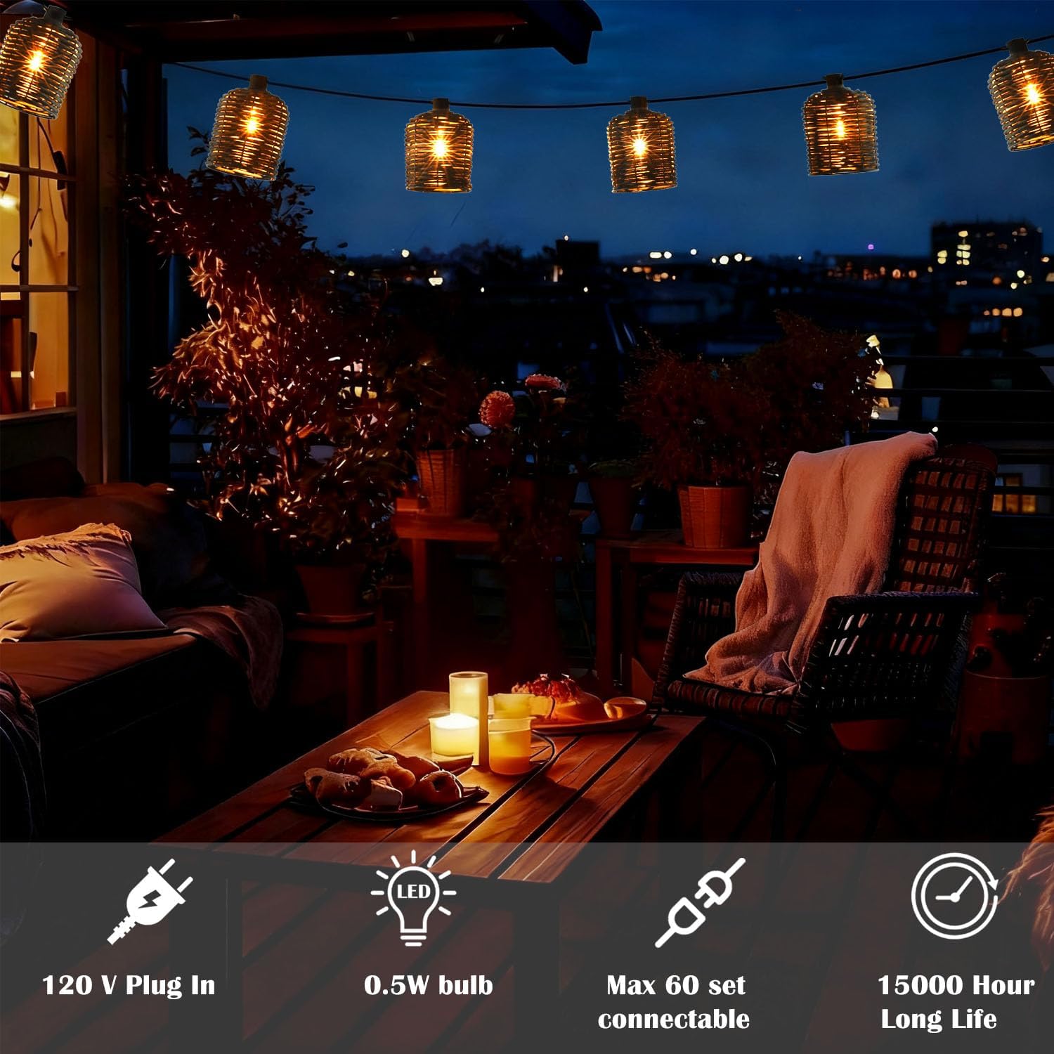 Natural Rattan String Lights, 10 Rustic Raffia Cage, 13 Ft Plug in & Connectable Wicker Lights,Black Rattan