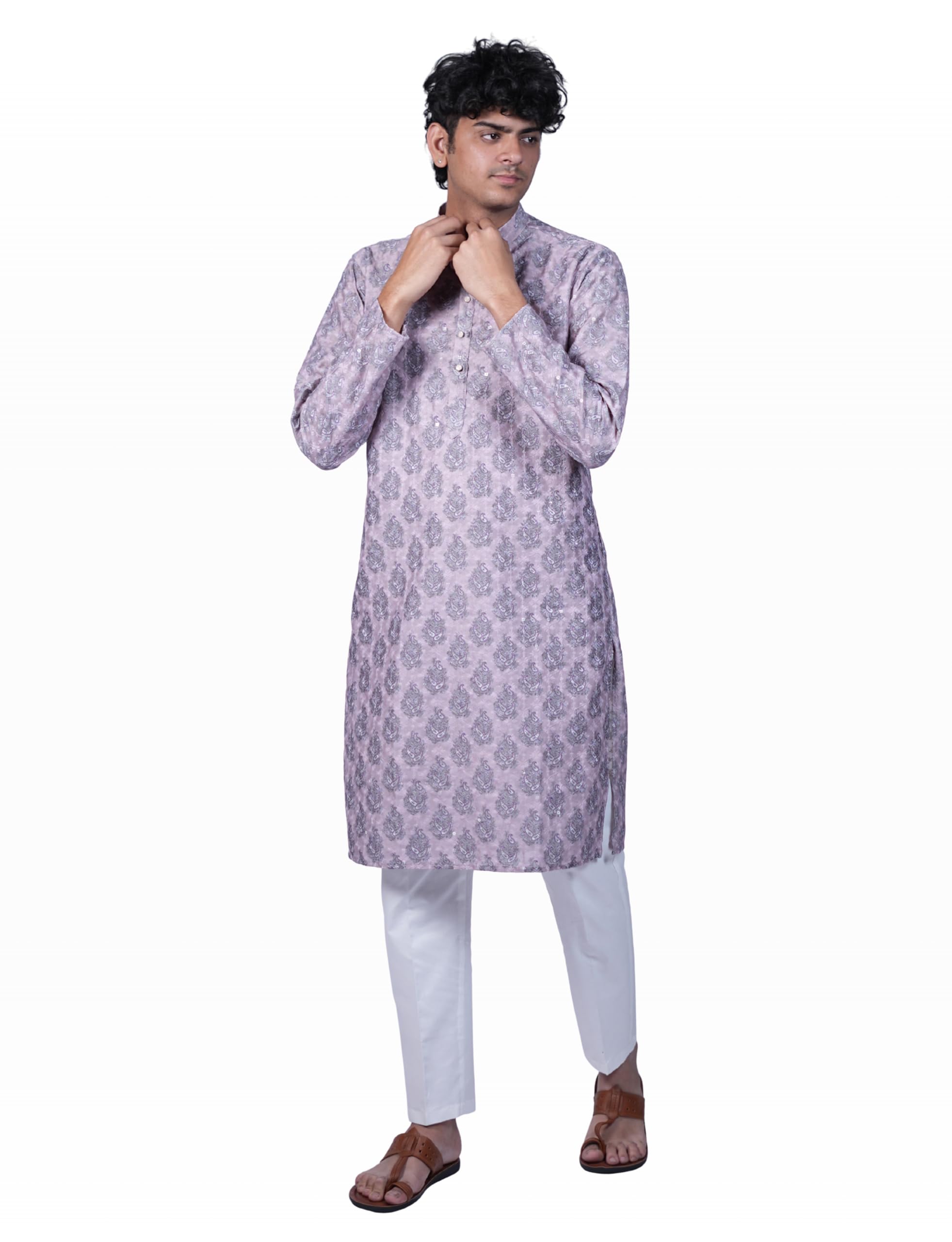 mridang Men's Chikankari Kurta with Churidar Pyjama Set | Straight Kurta Pyjama Set with Chiken Sequence Embroidery | White Cotton Churidar Pyjama | Ethnic Wear for Wedding Festival Pooja-picture-35