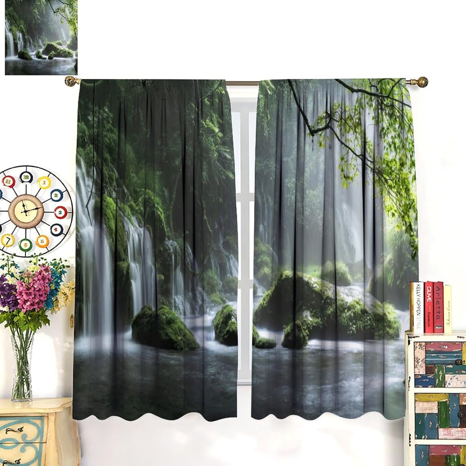 Forest Waterfall Blackout Curtains Pools Vines Moss Rocks Tropical Natural Landscape Color Illustrations Rod Pocket Window Treatments for Bedroom Kitchen Living Dining Apartment Dorms Cafe 42"W X 45"L