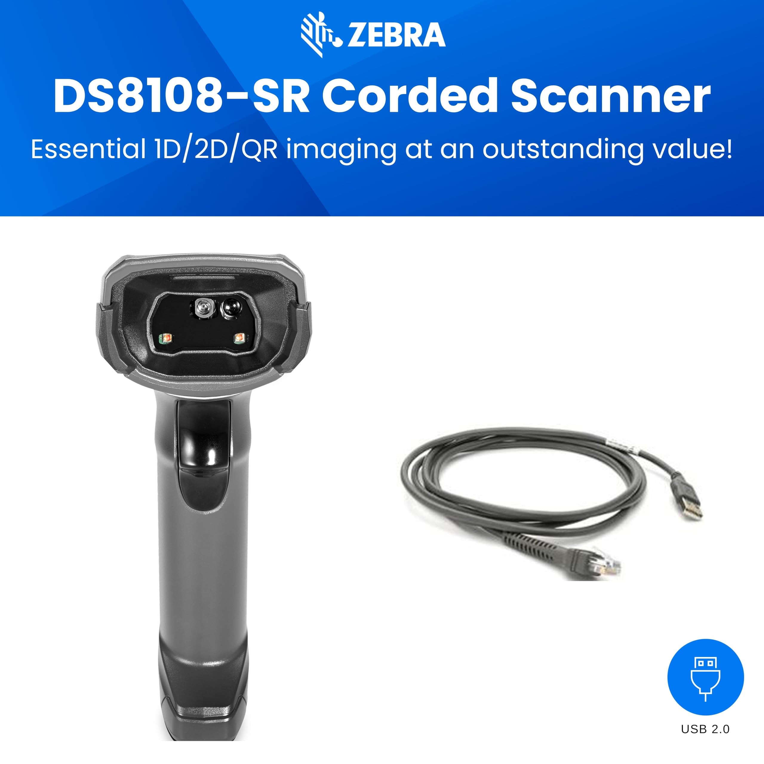 Zebra DS8108-SR Barcode Scanner | High Resolution 1D 2D QR Code Scanner | USB Kit | Shielded USB Cable | Corded