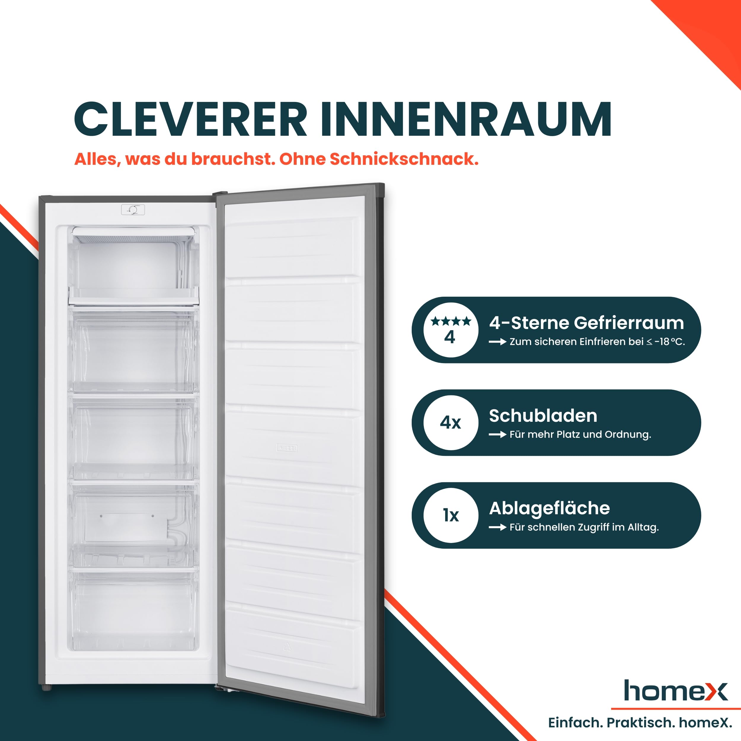 homeX FS1682E-S Gefrierschrank Tiefkühlschrank groß 168L Nutzinhalt silber | 4-Sterne Gefrieren, Freezer, Gefrierschränke freistehend, Temperaturregelung, wechselbarer Türanschlag, leise 37 dB