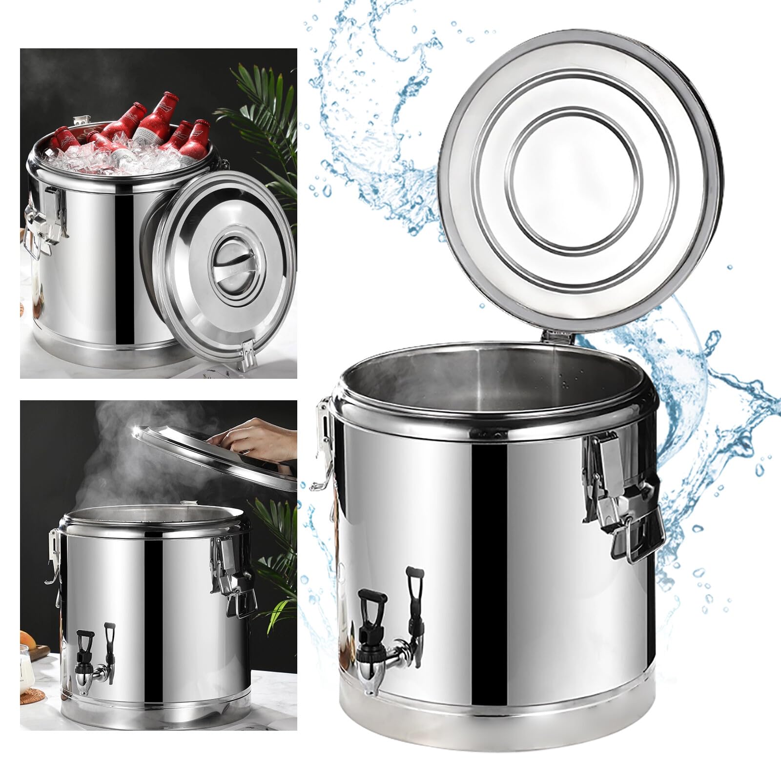 Secchio isolante in acciaio inox da 40 l, con rubinetto, contenitore professionale per conservare zuppe, acqua, tè, succhi e bevande