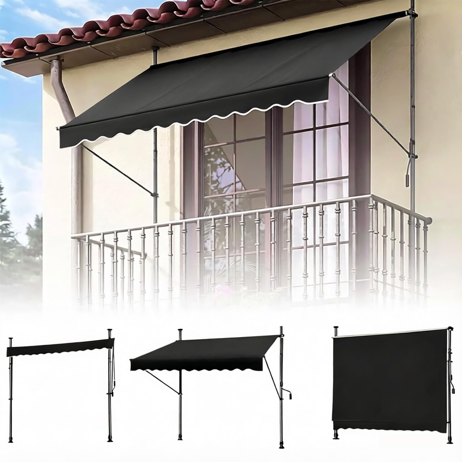 Store banne Manuel rétractable avec manivelle, auvent de terrasse sans perçage 3x3m, Protection Solaire et Pluie pour Jardin et Balcon(Black,79" x 59")