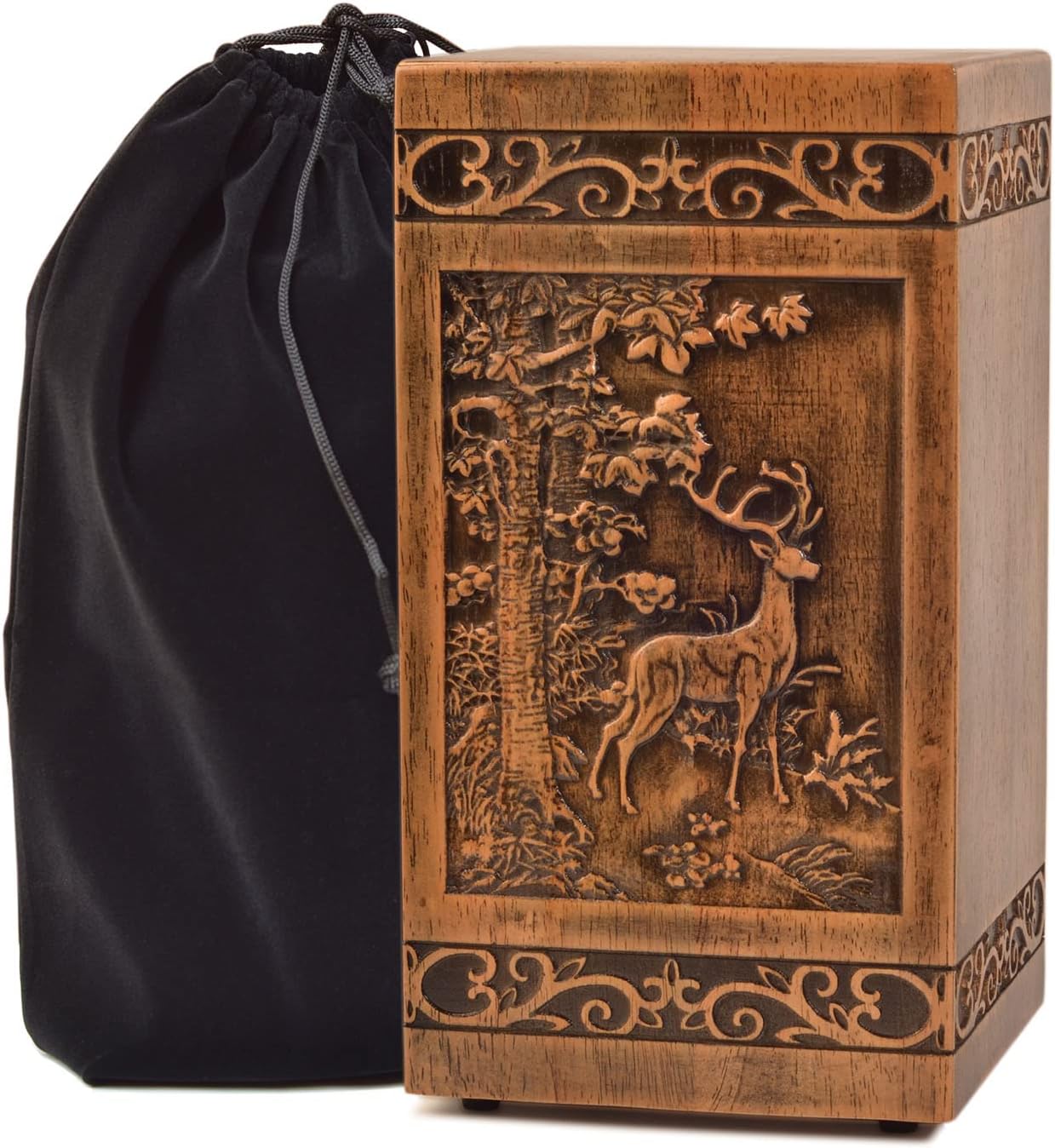 KIMNAG Wooden Cremation Urn for Human Wood Ashes Decorative Funeral Urns for Adult Male Female with Satin Bag Burial or Memorial Keepsake (Deer(XL) 250lbs)