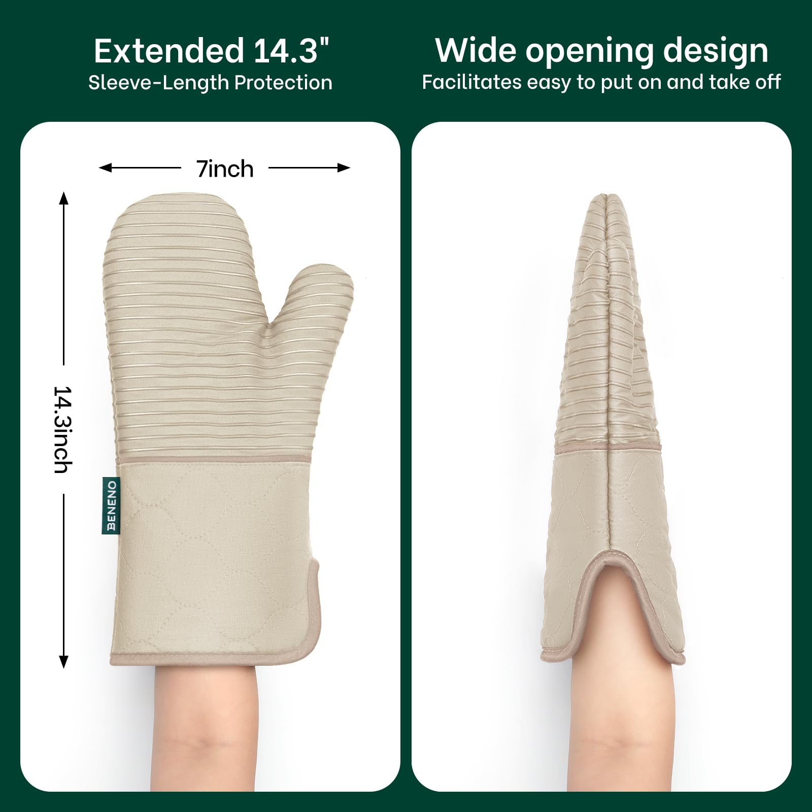 Guantes para horno, 2 guantes de horno de algodón texturizado de silicona antideslizante, resistentes al calor, 500 °F con forro de tela de rizo suave, 7 x 14.3 pulgadas, diseño de puño de 5