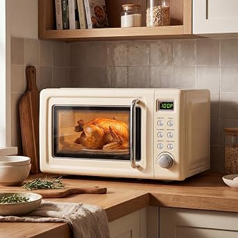 LDAILY 0.7Cu.ft Retro Small Microwave Oven, 700W Compact Countertop Microwave with 5 Power Levels, Auto Cooking Menus, Glass Turntable, Child Lock & Glass Turntable for Apartment, Dorm Cream White