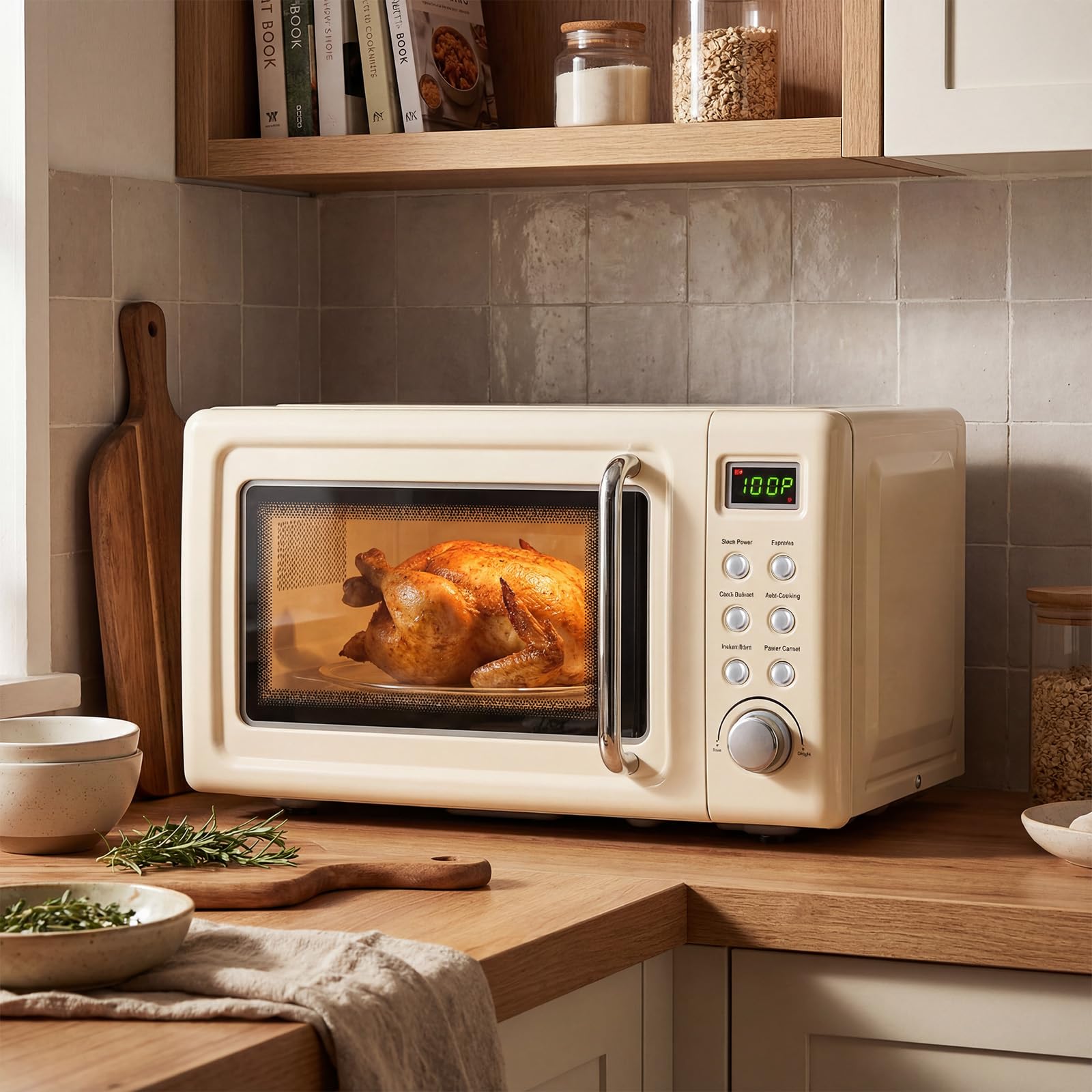 LDAILY 0.7Cu.ft Retro Small Microwave Oven, 700W Compact Countertop Microwave with 5 Power Levels, Auto Cooking Menus, Glass Turntable, Child Lock &amp; Glass Turntable for Apartment, Dorm (Cream White)