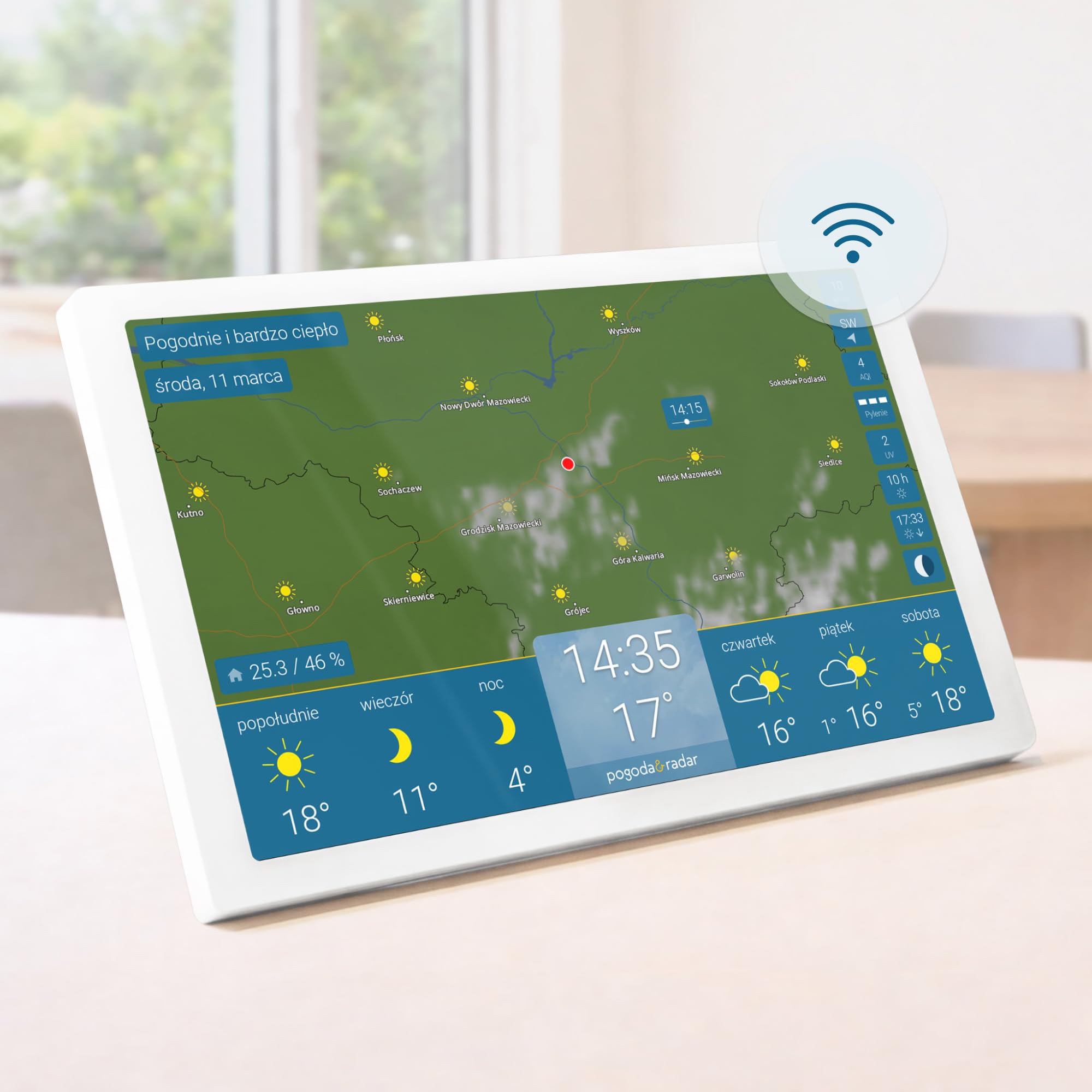 pogoda & radar home 4 – nowoczesna stacja pogodowa z radarem: animacja pogody na kolorowym wyświetlaczu HD, prosta obsługa, elegancki wygląd, radar opadów, alerty pogodowe i prognoza na 14 dni