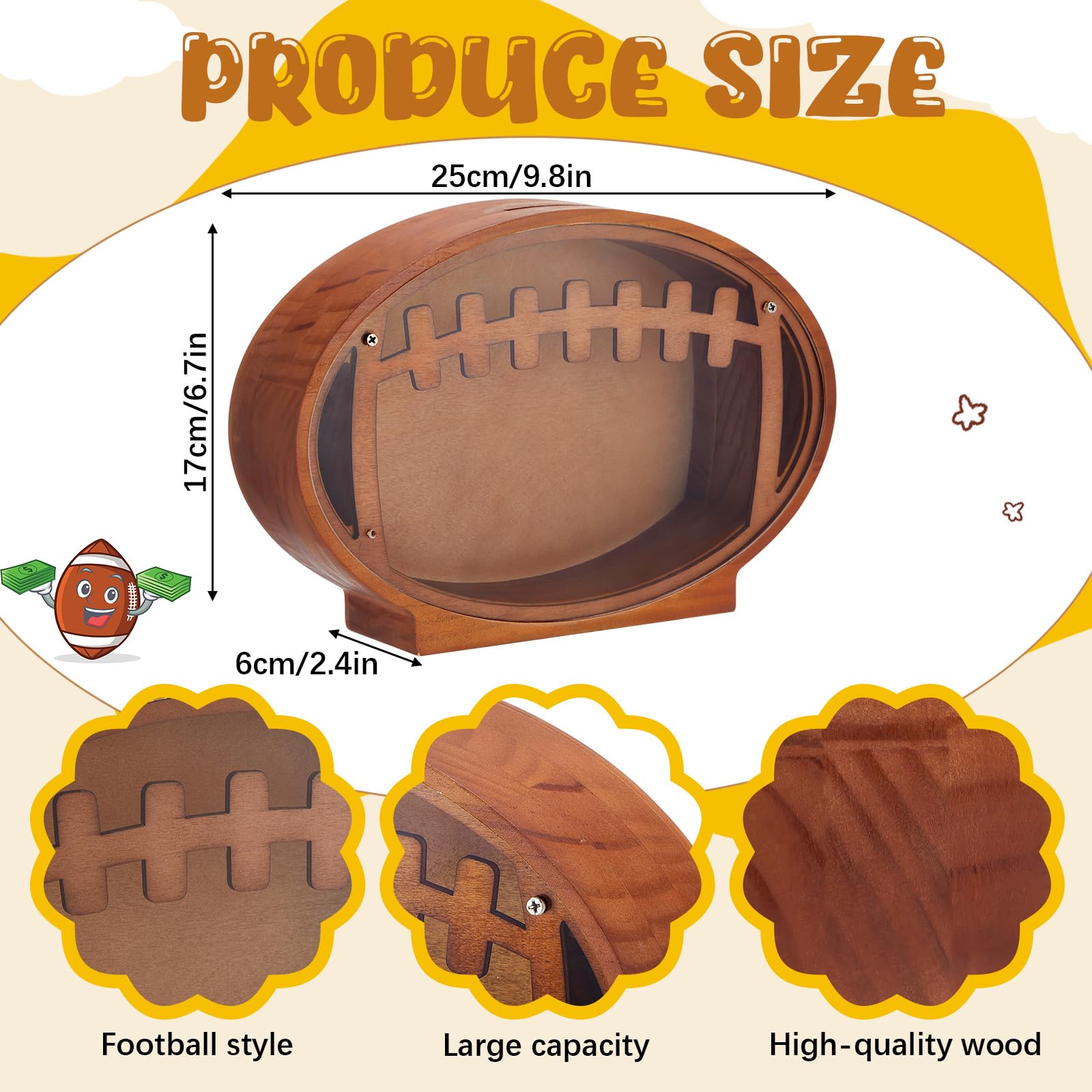 Foilswirl Wooden Football Piggy Bank for Kids Clear Piggy Bank with Transparent Window Cute Coin Bank for Boys Girls and Adult Unbreakable Toddler Money Bank for Birthday Sport Party Gift