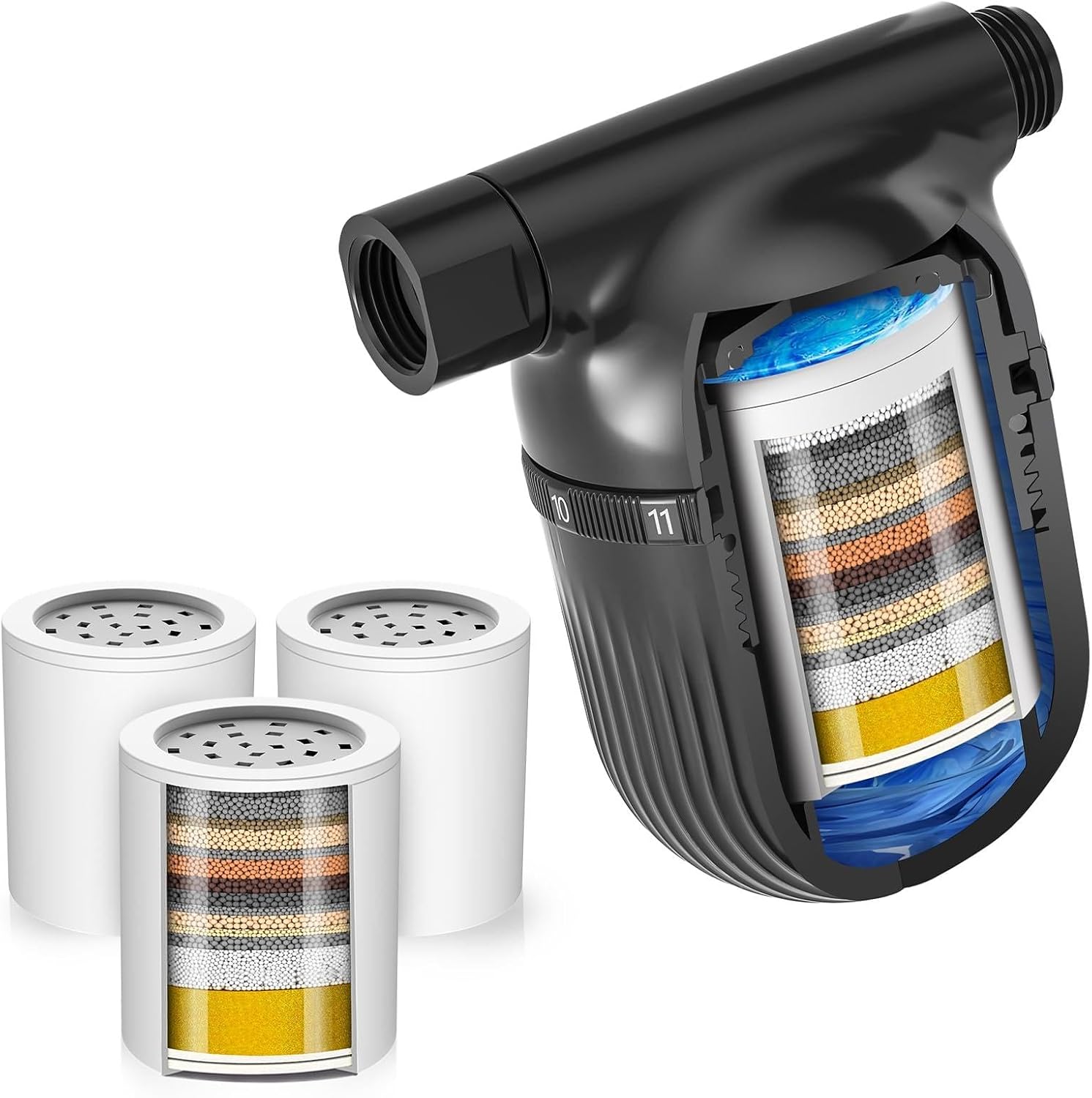 Cobbe Shower Filter | All-METAL Joint | + 3 Pack Replaceable Cartridges（Black）