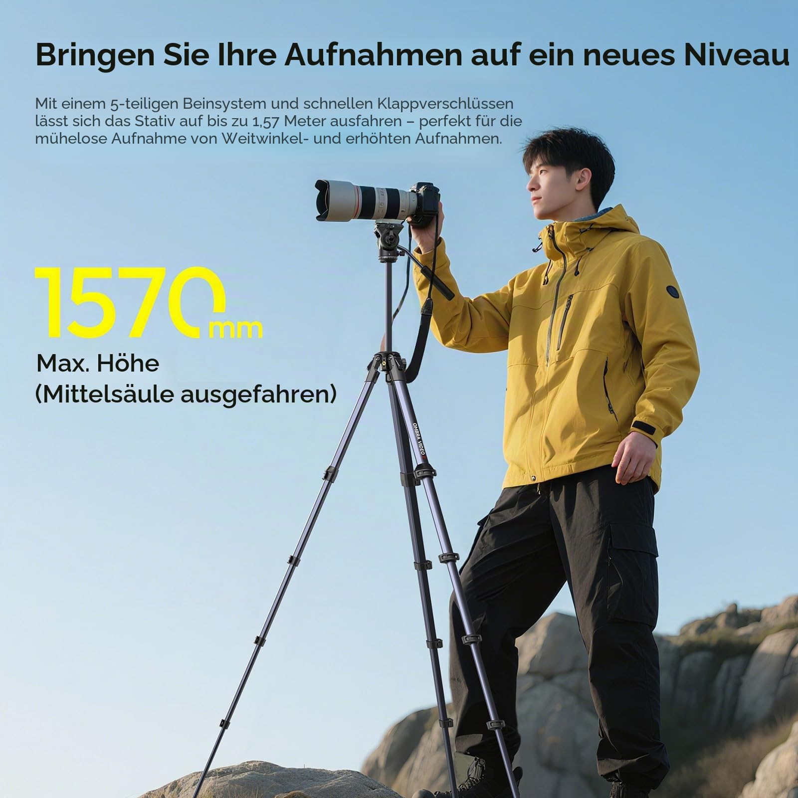 ULANZI Ombra Video II 157cm Videostativ mit Fluidkopf 360° Pan&-70°/+90° Tilt Pan, Travel Tripod mit Handyhalterung, Kamerastativ mit Arca Swiss Kompatibel für DSLR, Handy (Tragkraft 10 kg)