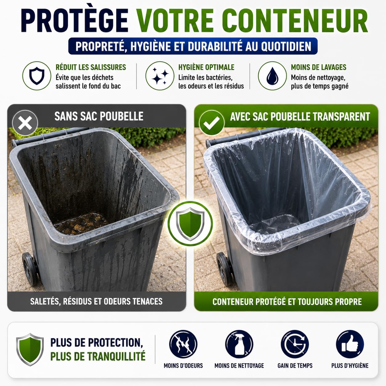 Bolsa de basura transparente de 240 litros | 50 bolsas de basura 240 l | Resistente (30 µ) | Para contenedores de basura 2 ruedas | Clasificación selectiva de residuos | Protección contra fugas - Anti