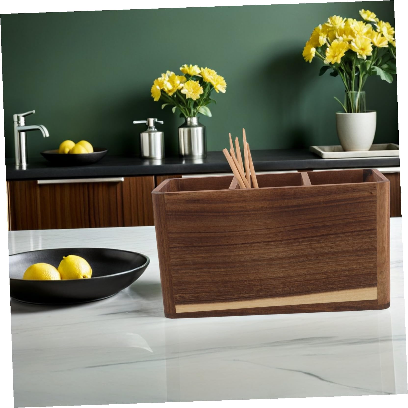 VALICLUD Boîte à Ustensiles de Cuisine Bois avec Compartiments Organiseur Ouvert pour Couverts Baguettes et Cuillères Rangement Pratique pour Plan de Travail