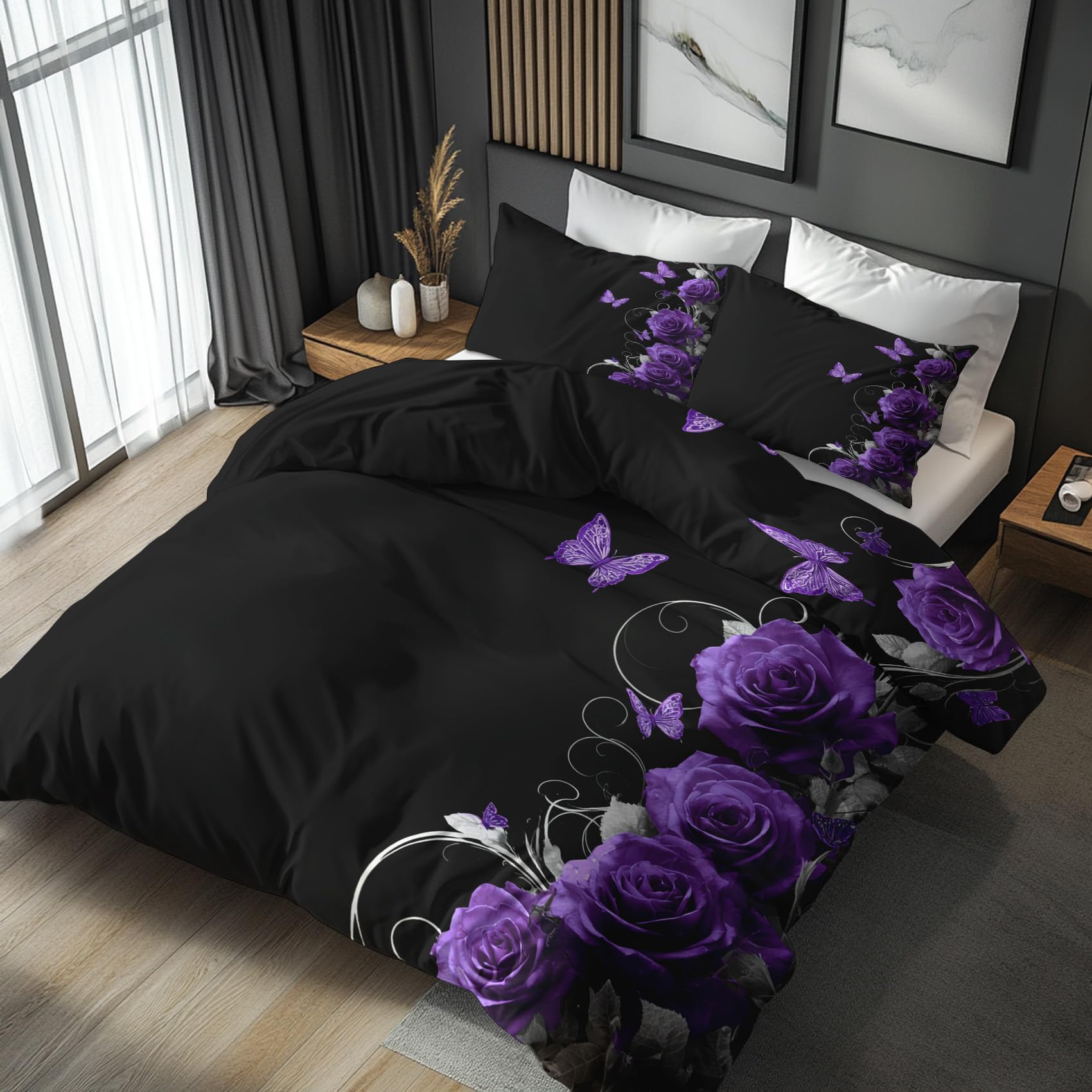 Emperor Duvet Cover Set Rose Purple Floral Butterfly, Reversible Emperor Bedding Sets Flower Pattern for Bedroom Decor, Soft Microfibre Quilt Cover, 2 Pillowcases, Zip HHDB46