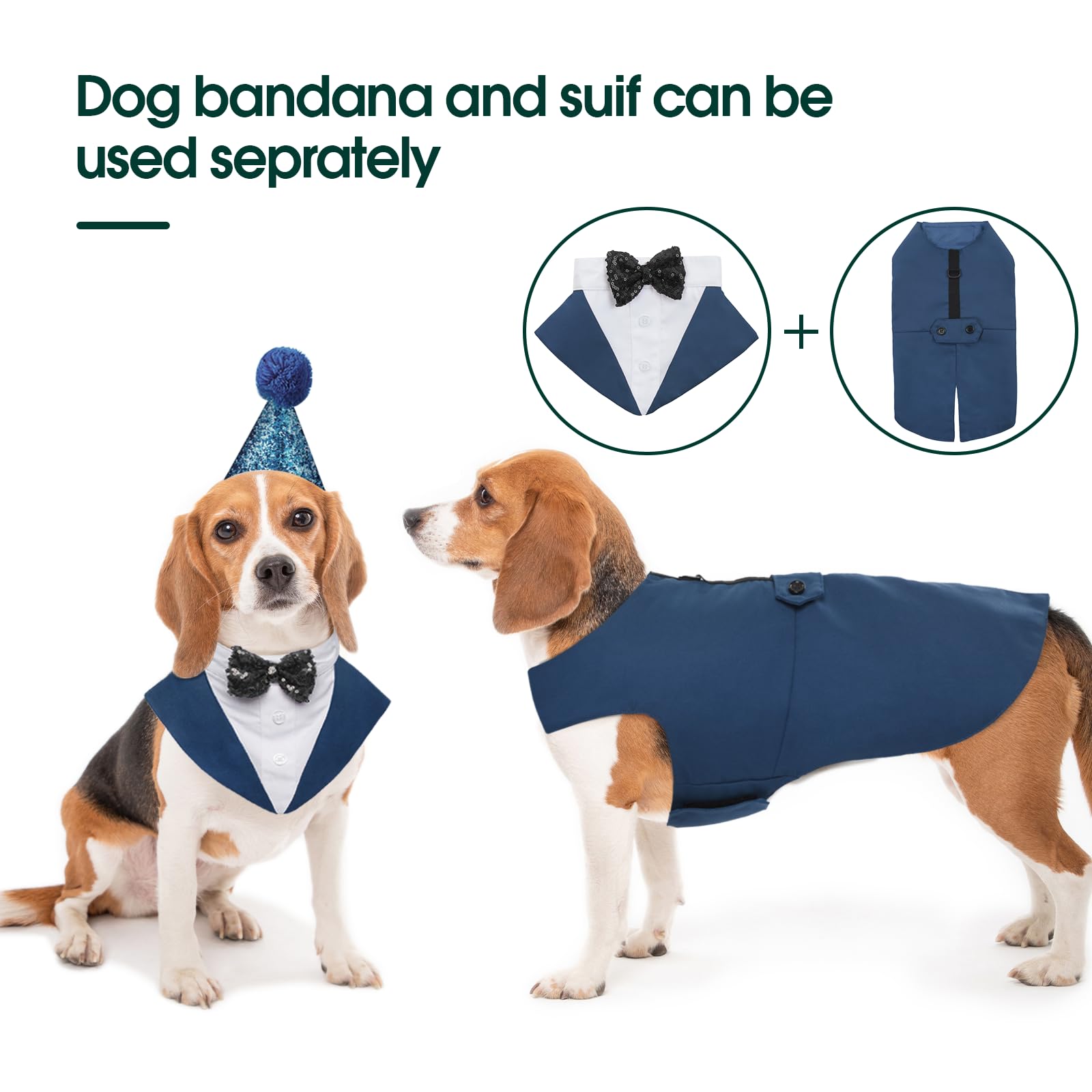 Kuoser Hund Smoking Anzug & Bandana Set, Haustier Fomal Kleidung, S-XXL | Hunde Mantel mit Abnehmbarer Fliege, Hundeanzug Welpe Kostüm Shirt für Hochzeit Halloween Geburtstag Party