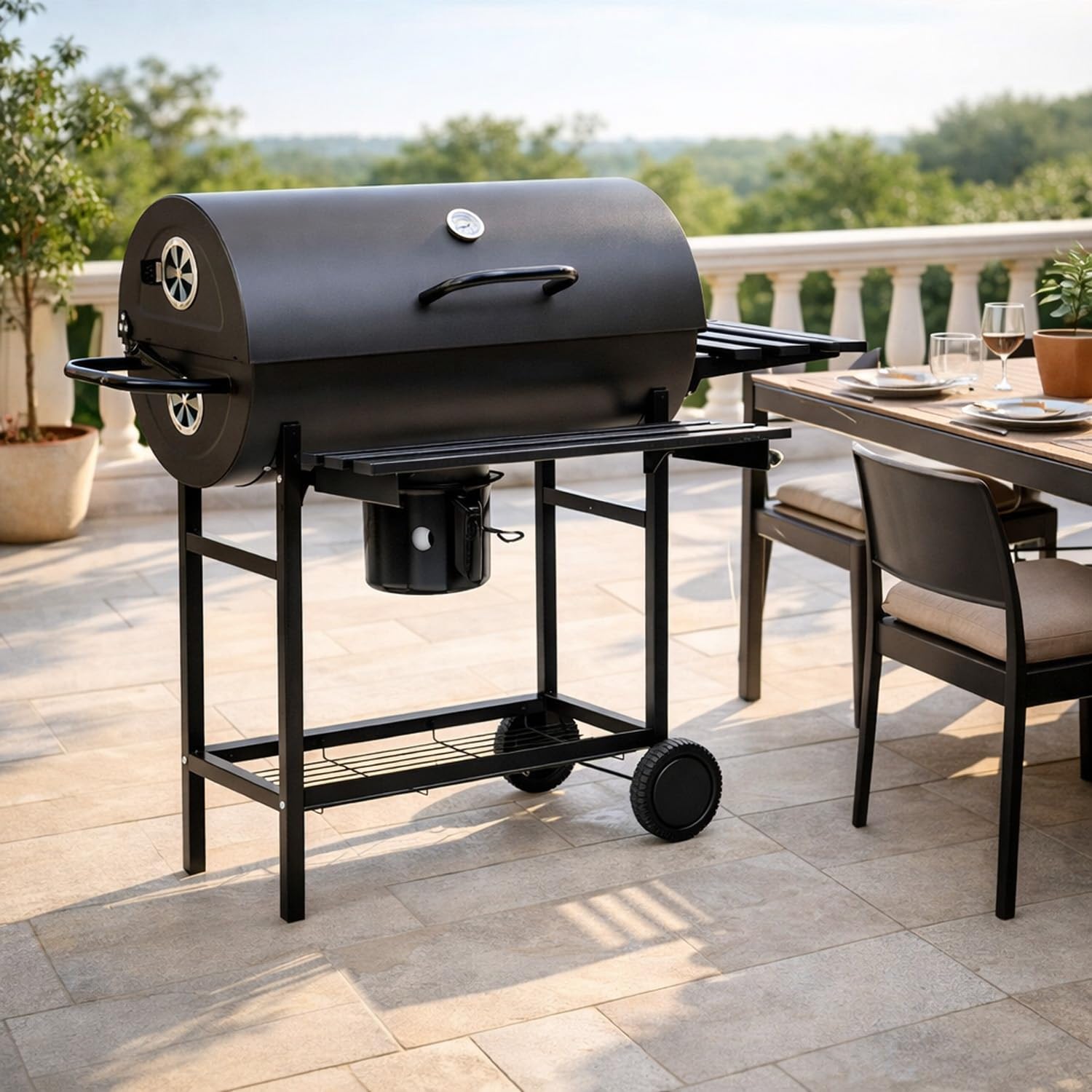 BRICOZONE Barbecue A Carbone Con Coperchio Termometro Integrato Grill BBQ In Acciaio Con Ruote Ripiani E Ventilazione Regolabile Pinza E Guanti Ideale Per Giardino Terrazzo E Balcone Cm Nero
