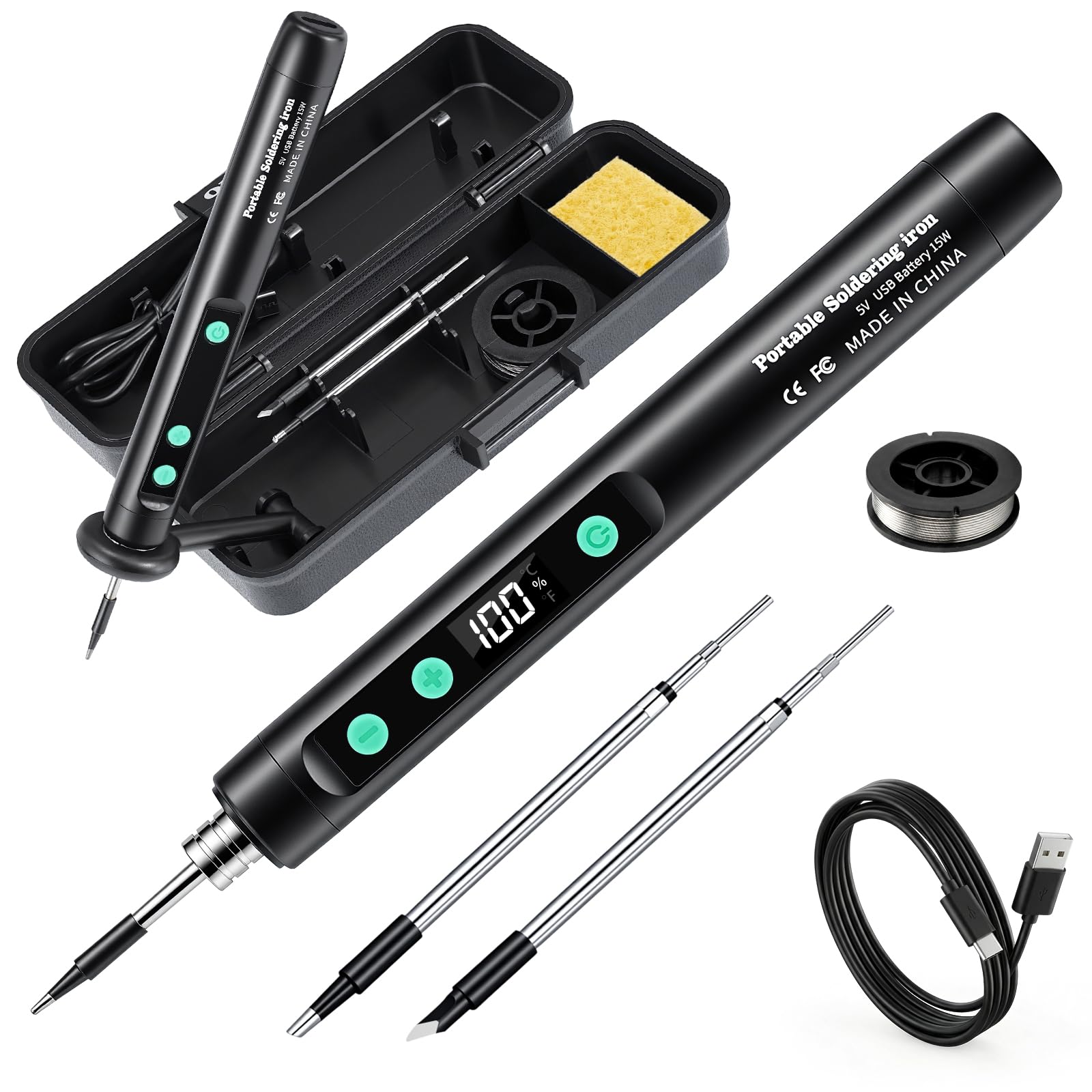 Fer à Souder sans Fil Kit - 1100mAh USB Rechargeable avec Port Type-C, Température Ajustable Numérique LCD Thermostatique pour Réparation Appareils Ménagers, DIY - Noir