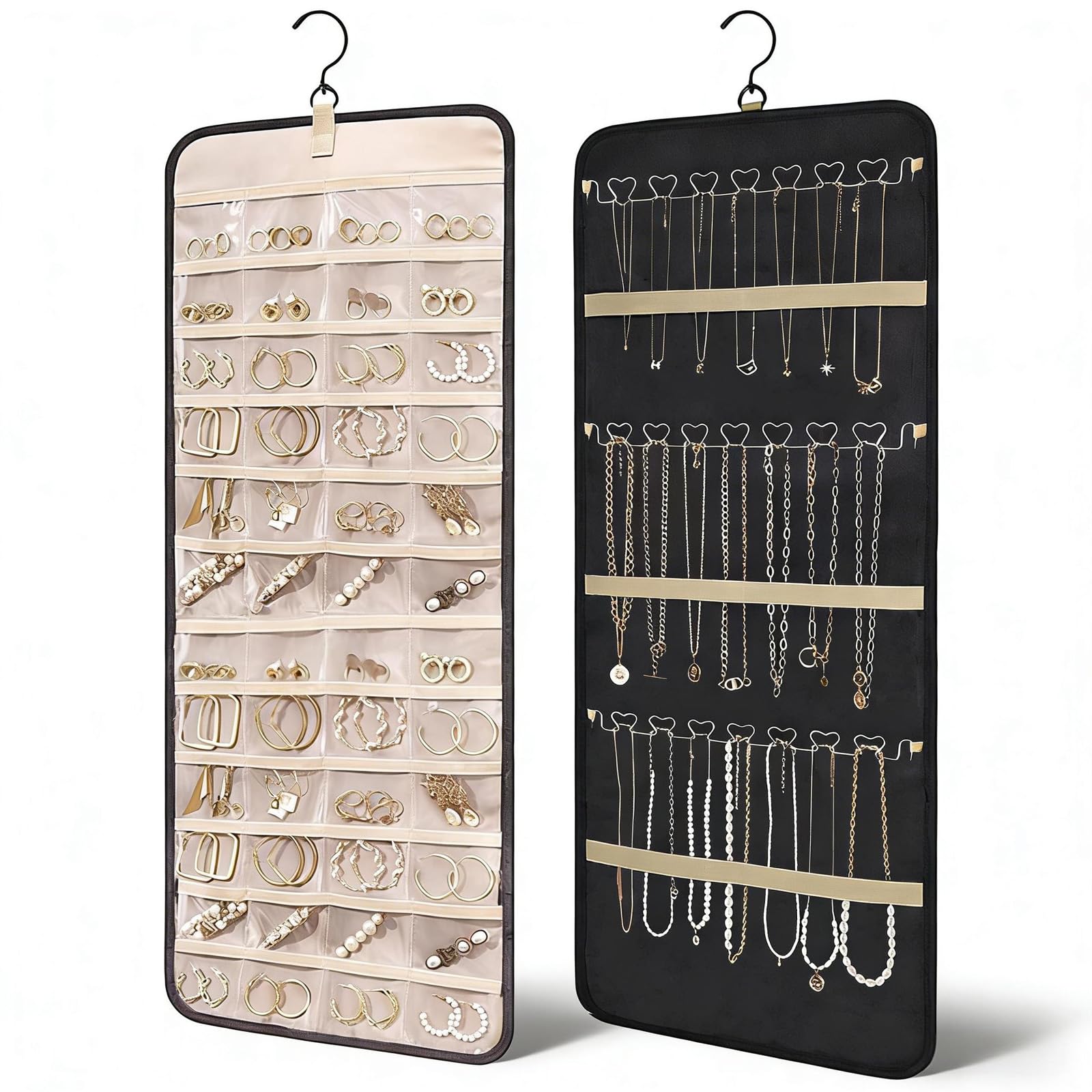 Rthynti Hanging Jewellery Organiser, Dual-Sided Jewellery Storage with Metal Hooks, Necklace Storage with 48 Pockets And 3 Wave-Shaped Hooks for Earrings Necklaces Rings (Black)