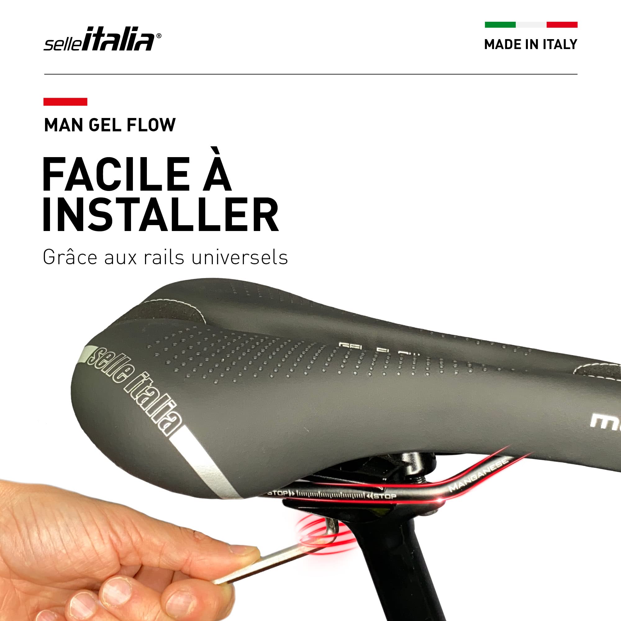 Selle Italia - Sillìn Vélo de route Man Gel Flow Rail Manganese Tube Ø7 Selle Grande tourisme Fibra-Tek Comfort Gel Amortisseur