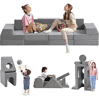 22Pcs Modular Kids Play Couch, 1000+DIY Creativing Playroom Furniture for Kids, Toddler Couch, Convertible Foam and Floor Cushion for Boys and Girls,Light Grey