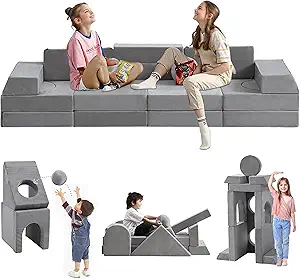 22Pcs Modular Kids Play Couch, 1000+DIY Creativing Playroom Furniture for Kids, Toddler Couch, Convertible Foam and Floor Cushion for Boys and Girls,Dark Grey