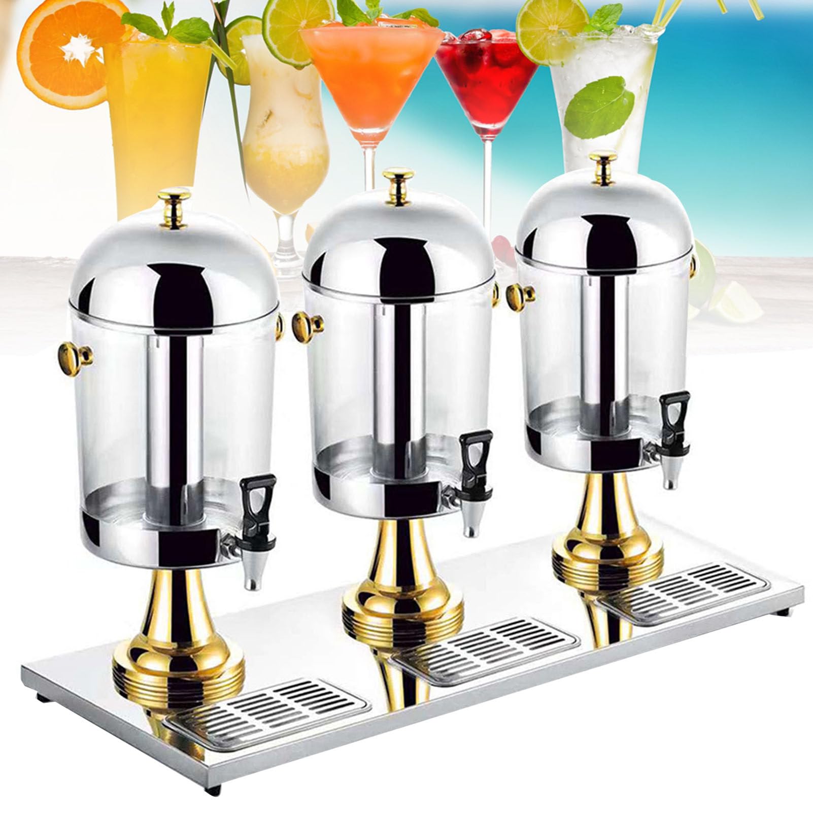 IUYytEW Beverage Dispenser, Commercial Beverage Dispenser, 24L 3 Heads Ice Tea Drink Machine, 304 Stainless Steel Clear Glass Cold Hot Juice Dispenser