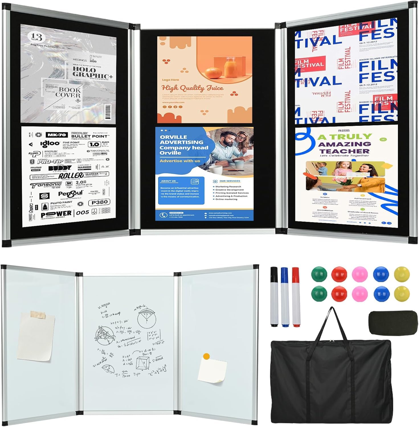 Nisorpa Magnetic Exhibition Panel Display Kit,Trifold Double Sided Trade Show Presentation Board with Writing Tools&Bag 3 Panel Poster Board Art Display Panels for Schools,Exhibitions,Healthcare.