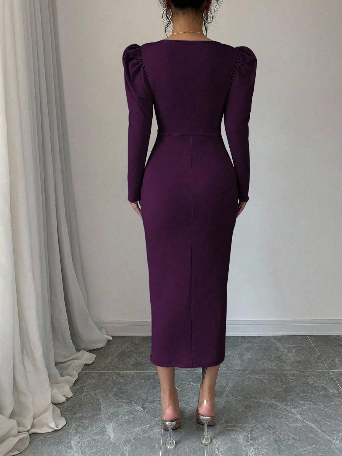Elegant Women's Long Sleeve Ruched Bodycon Midi Dress with Puff Sleeves Fall Fashion Dress
