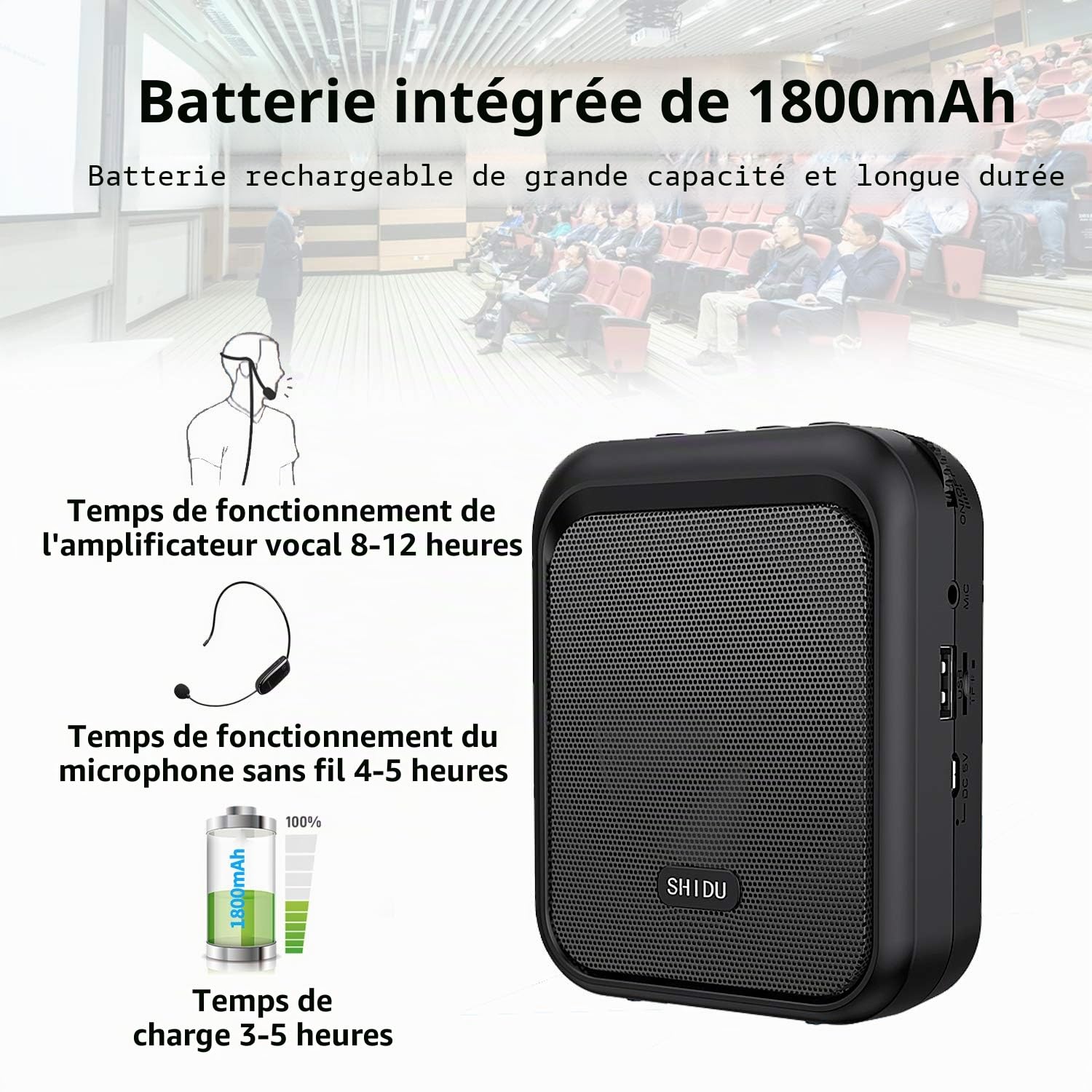 SHIDU mini haut-parleur Bluetooth portable amplificateur vocal avec écouteur sans fil UHF système de sonorisation 10W 1800mAh, chanteur, Conducteur de taxi, formation, guide touristique