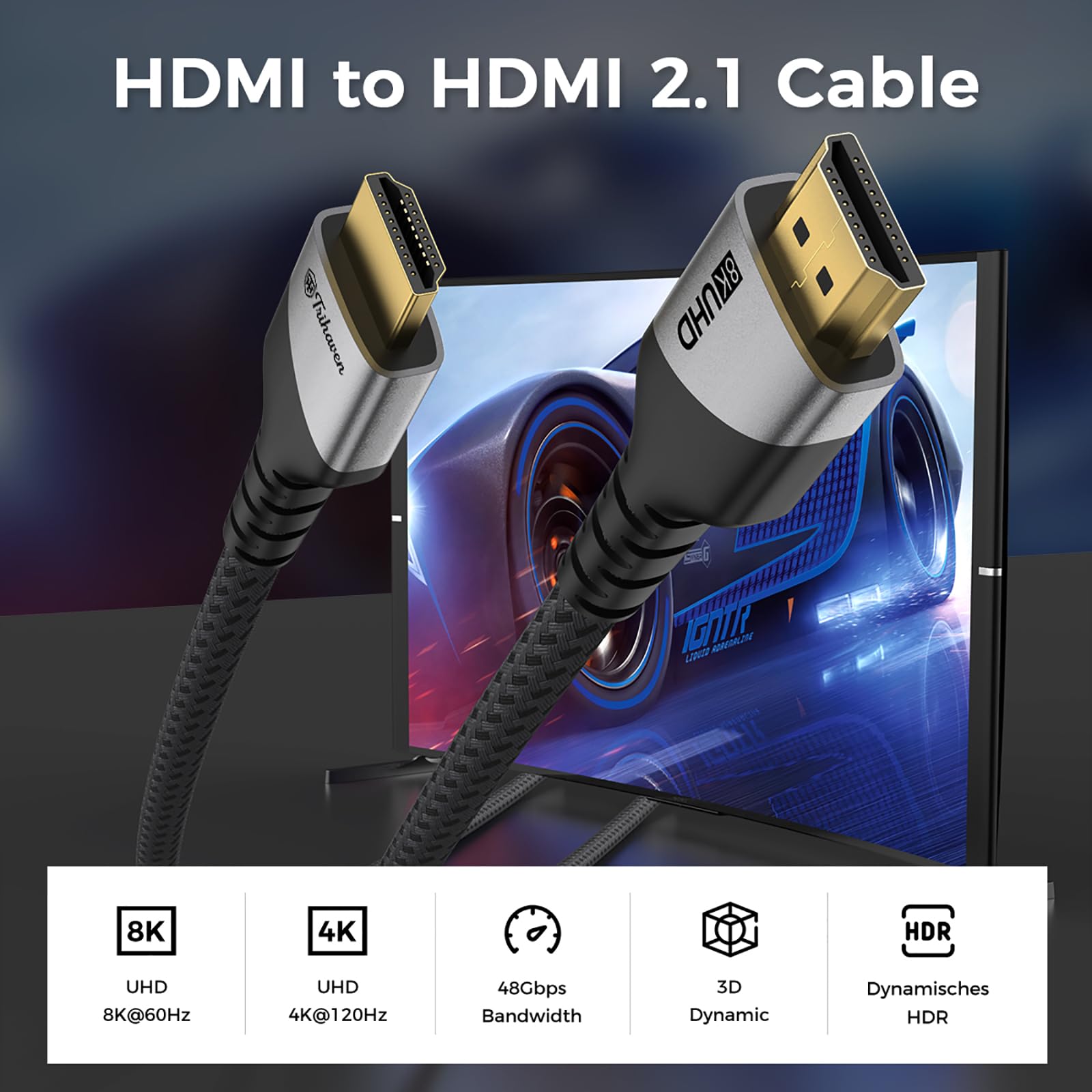 Cavo HDMI 2.1 8K a 60 Hz, 4K a 120 Hz, cavo HDMI intrecciato ad altissima velocità 48 Gbps con HDR dinamico, eARC, Dolby Vision e 3D, compatibile con TV, monitor, laptop, PS5, Xbox Series X