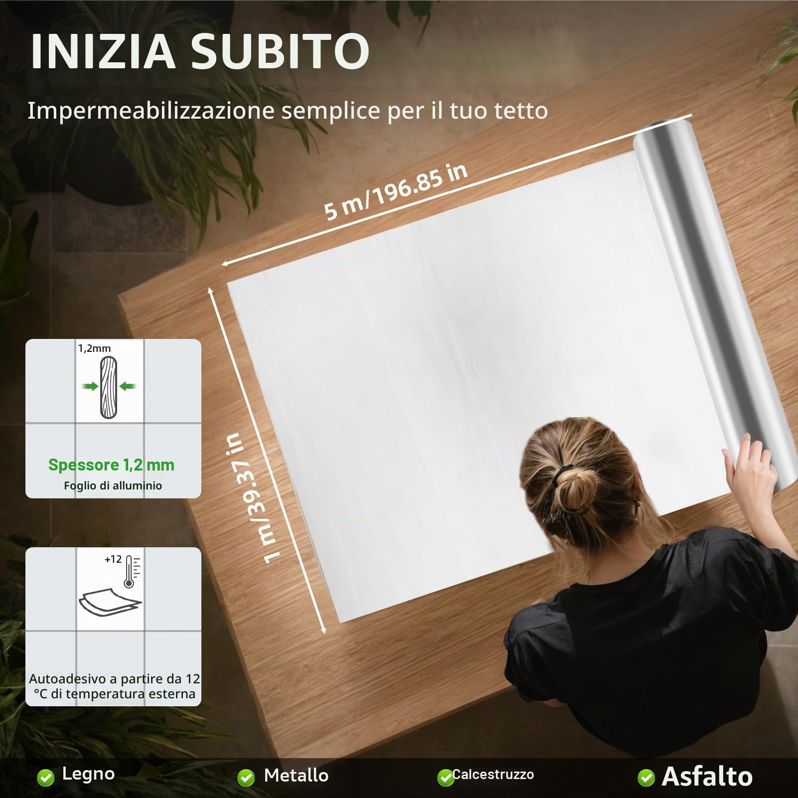 1 x 5 m pellicola per tetto in alluminio, 5 ㎡, autoadesiva, per case da giardino, tettoie e capannoni, resistente ai raggi UV e impermeabile, colore: grigio argento