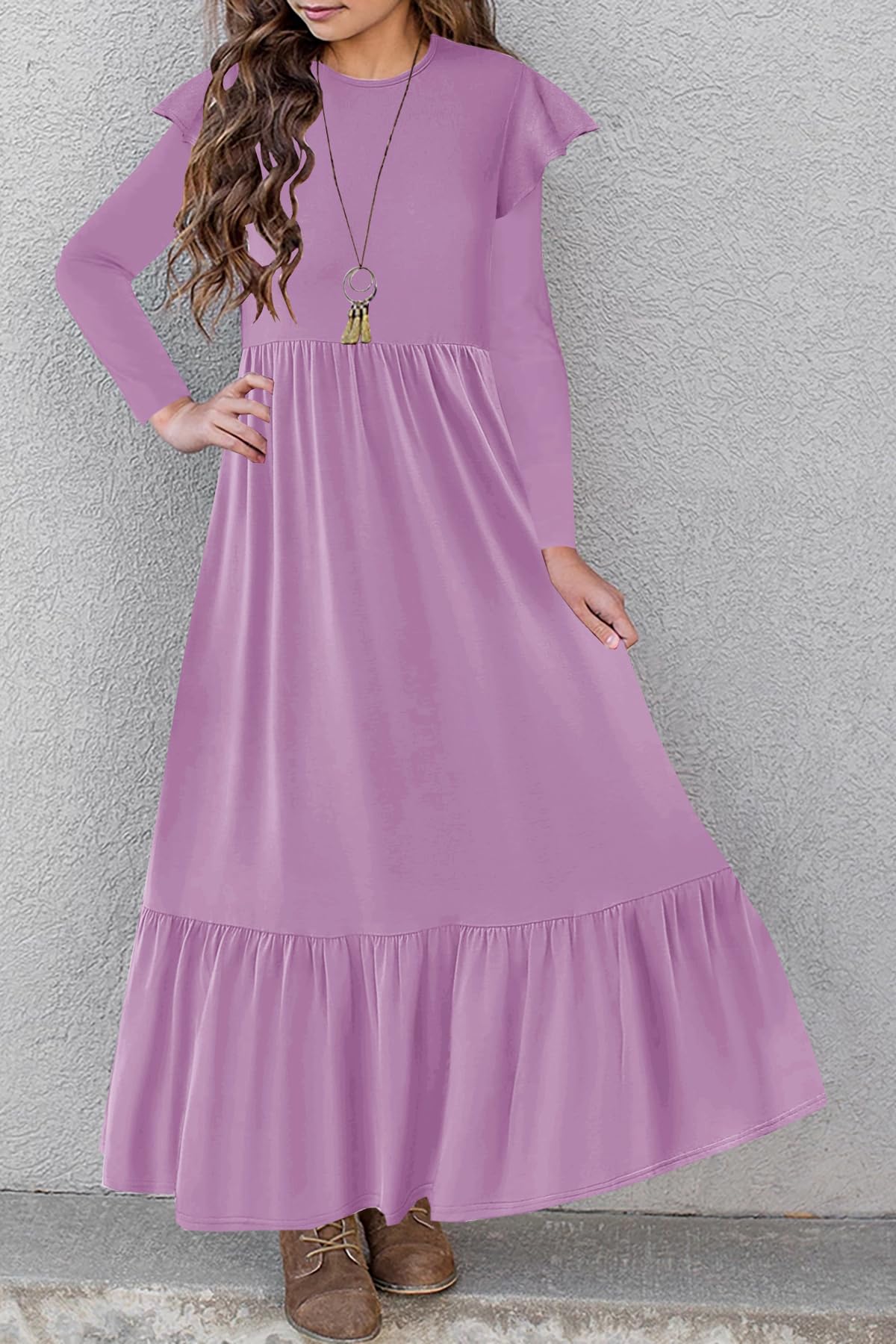 HOSIKA Maxikleid für Mädchen, Rüschen, lange Ärmel, Rundhalsausschnitt, locker, lässig, fließend, gestuft, mit Taschen, für 6–12 Jahre