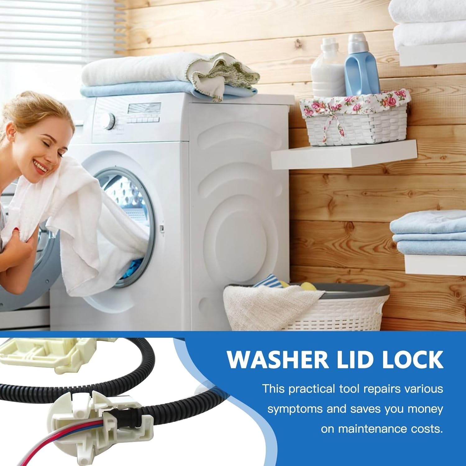 Washer lid lock assembly in foreground with a person taking laundry out of a washing machine in the background