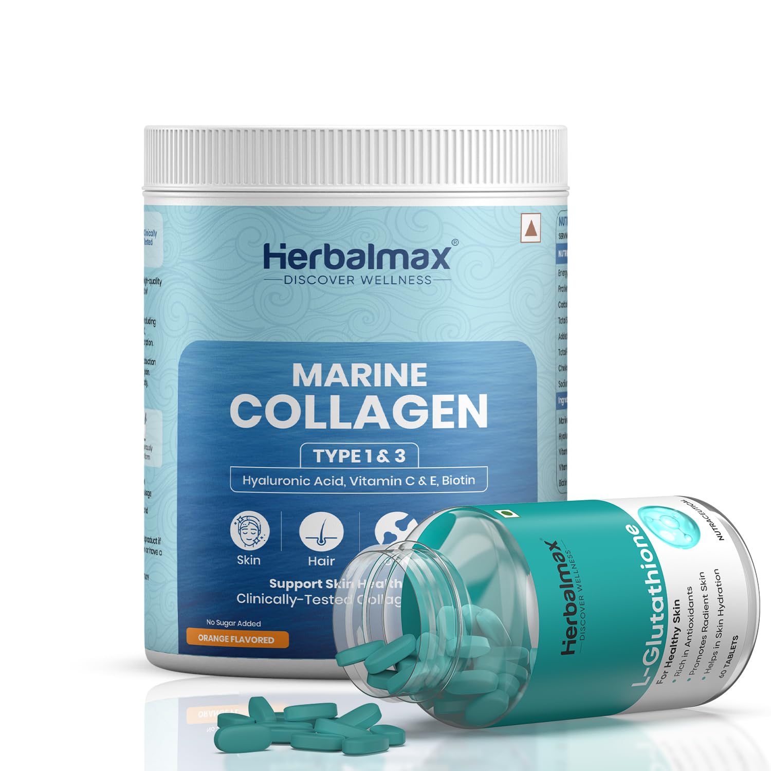 Herbal Max Glutathione & Marine Collagen Combo, Tablets & Powder with Antioxidants, Hyaluronic Acid, Vitamin C & E, Biotin, Supports Skin, Hair, Nails, Bone & Joint, Type 1 & 3 Collagen Peptides