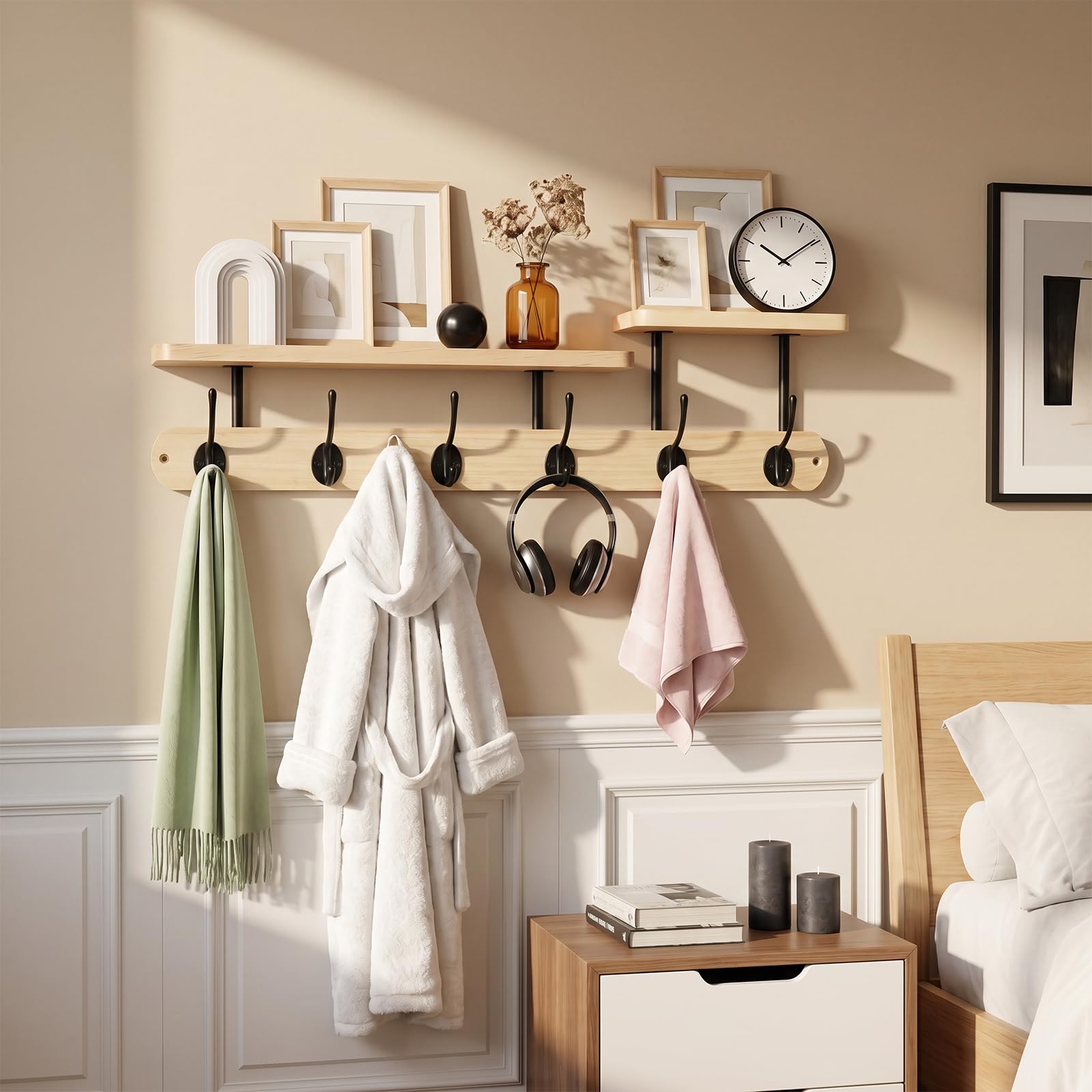 Percheros Pared con Estante 59cm - Perchero de Pared Madera Natural con 6 Ganchos Dobles y 2 Niveles de Balda, Percha Pared para Entrada, Pasillo, Hall y Sala de Estar