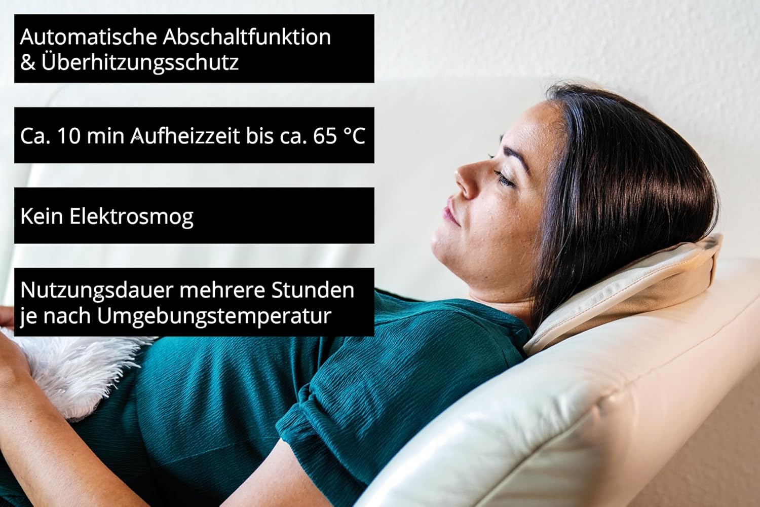 Person using UNOLD 86010 Wärmi Electric Hot Water Bottle on neck with features highlighted