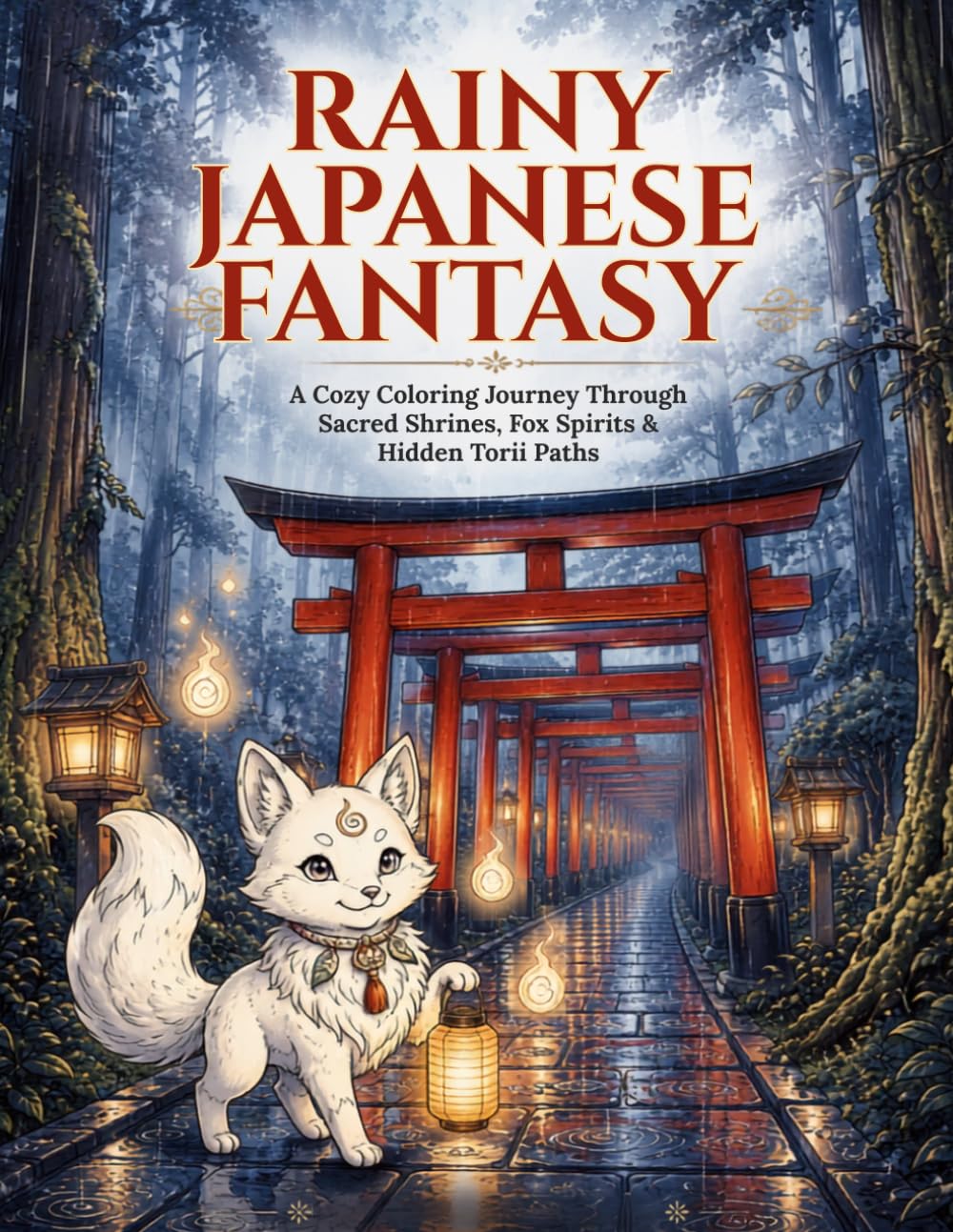 Rainy Japanese Fantasy: A Cozy Coloring Journey Through Sacred Shrines, Fox Spirits & Hidden Torii Paths