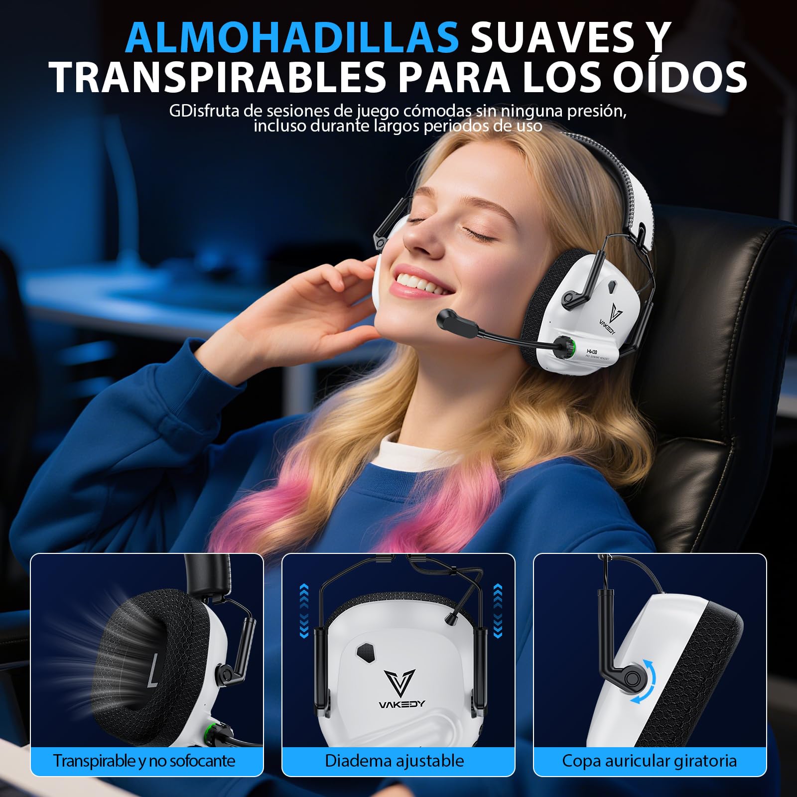 Vakedy Cascos Gaming Inalambricos, 2,4 GHz USB y Auriculares Bluetooth con Micrófono, Ultraligeros, Driver 50 mm, Baja Latencia, Batería 50H, Cascos Gamer para PS5/PS4/PC/Mac/Switch