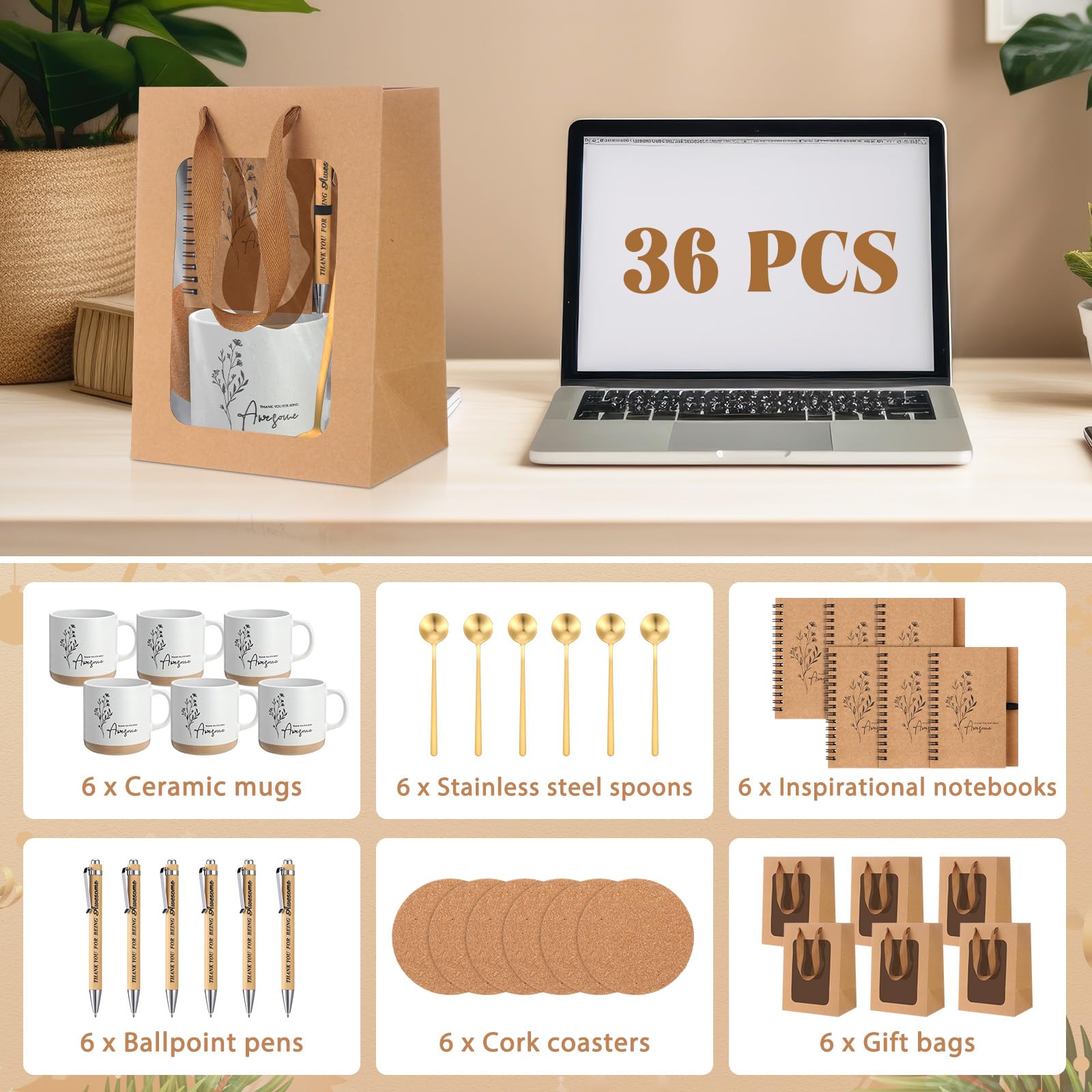 Vesici Set regalo di ringraziamento per i dipendenti, tazza da caffè con cucchiaio, diario ispiratore, penna a sfera, set regalo per colleghi, personale e insegnanti (36 pezzi)