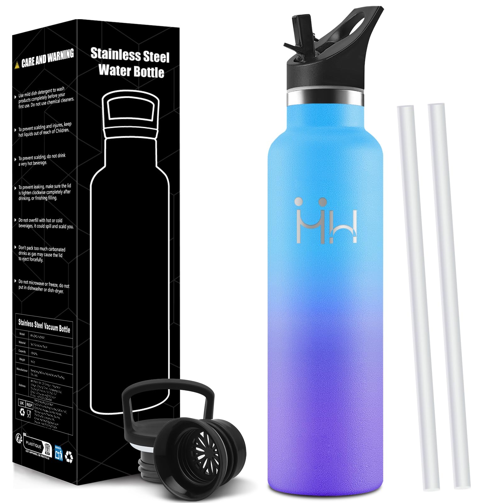 Trinkflasche Edelstahl, Thermosflasche 1L BPA-Frei, Auslaufsichere Isolierflasche Doppelwandig, Thermoflasche, Thermobecher mit Strohhalm, Trinkflasche Kohlensäure Geeignet, Isolierflasche, Fitness
