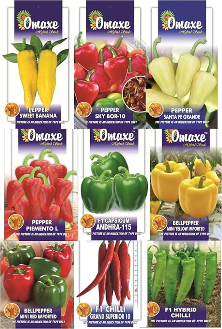 Indica Super Agri Green 9 Pack Combo of Sweet Banana, Sky Bor, Santa fe grande, Piemento L, Mini Yellow Capsicum, Mini Red Capsicum, Green Andhra Capsicum, Corno di toro , Grand 10 long