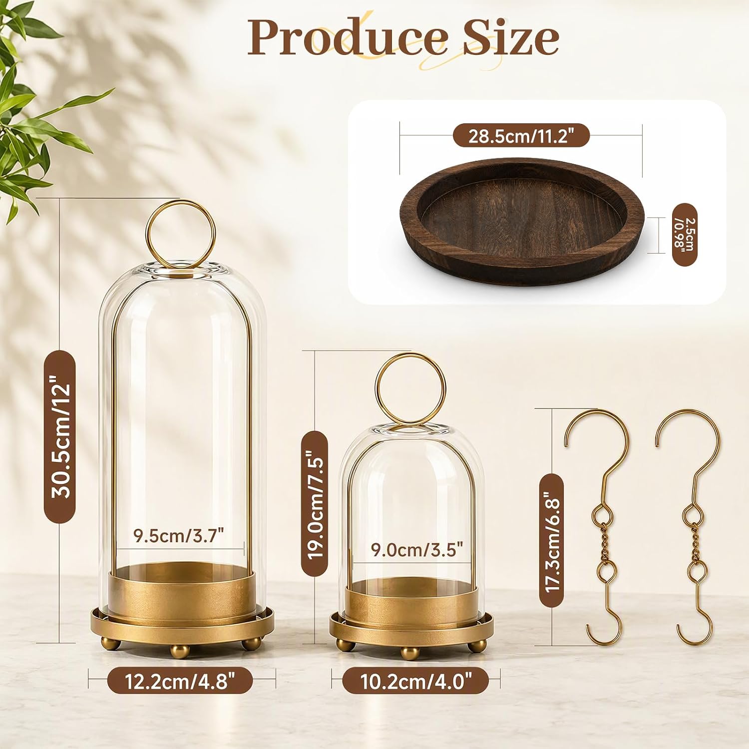 5"&4" Hurricane Glass Candle Holders, Gold Candle Holders with Wooden Tray & Hook Chains, Glass Cylinder Candle Holders for Pillar Candles, Brass Lantern Candlestick Decor for Home Wedding Table image 2